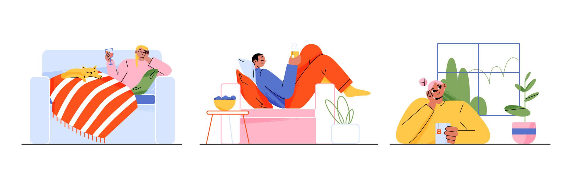 Relaxed people drinking tea and wine, having rest Free Vector