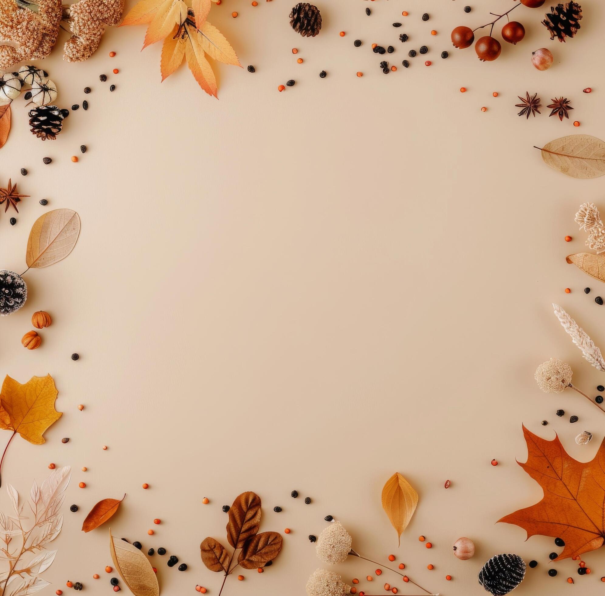 Autumn Leaves and Grasses on Tan Background Stock Free