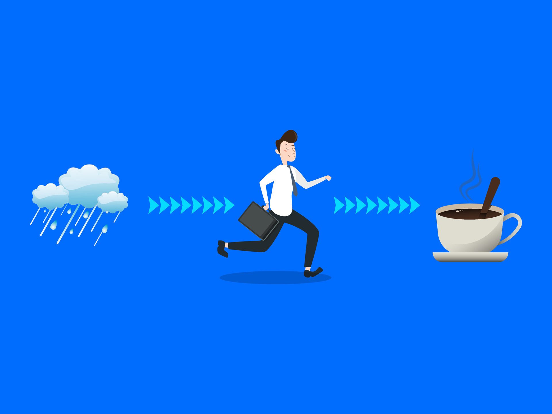 cartoon illustration design. people come home from work in the rain to the house drinking coffee. Free Vector