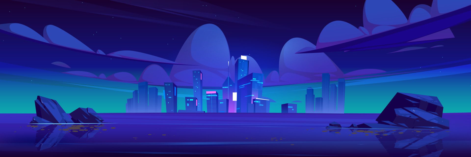 Night city skyline with glowing lights at ocean Free Vector