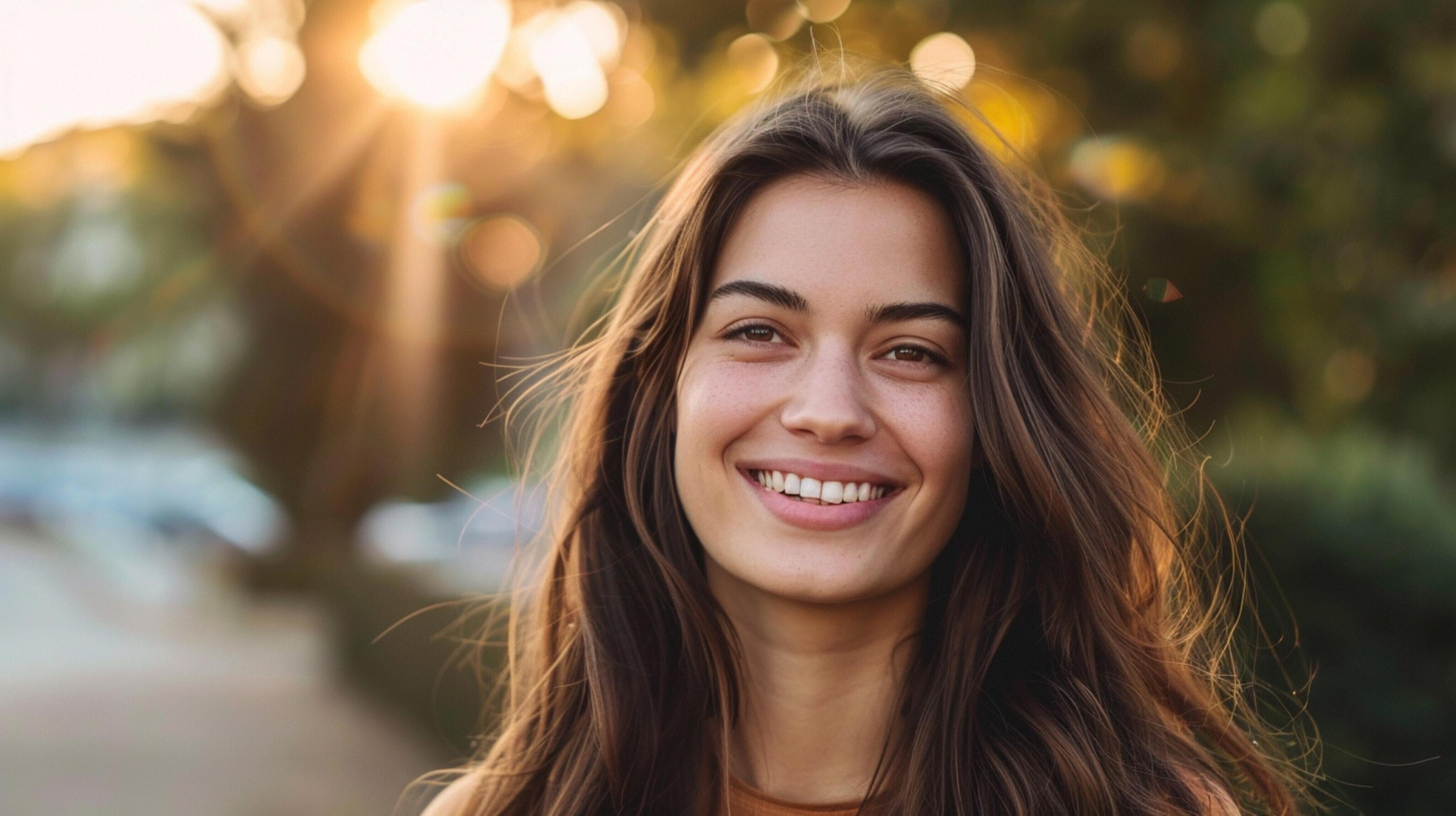 young woman with long brown hair smiling Stock Free