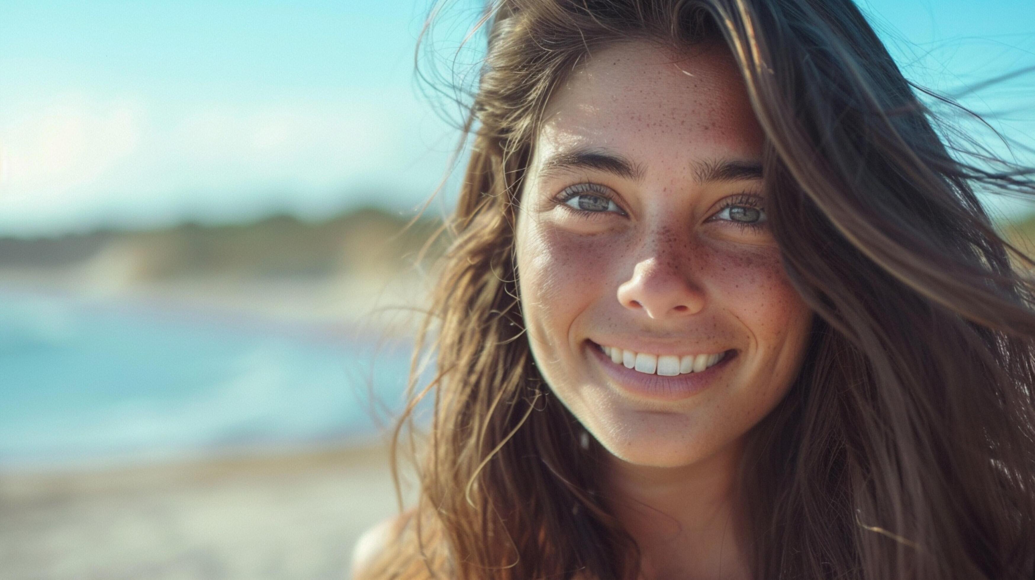 young woman with long brown hair smiling Stock Free