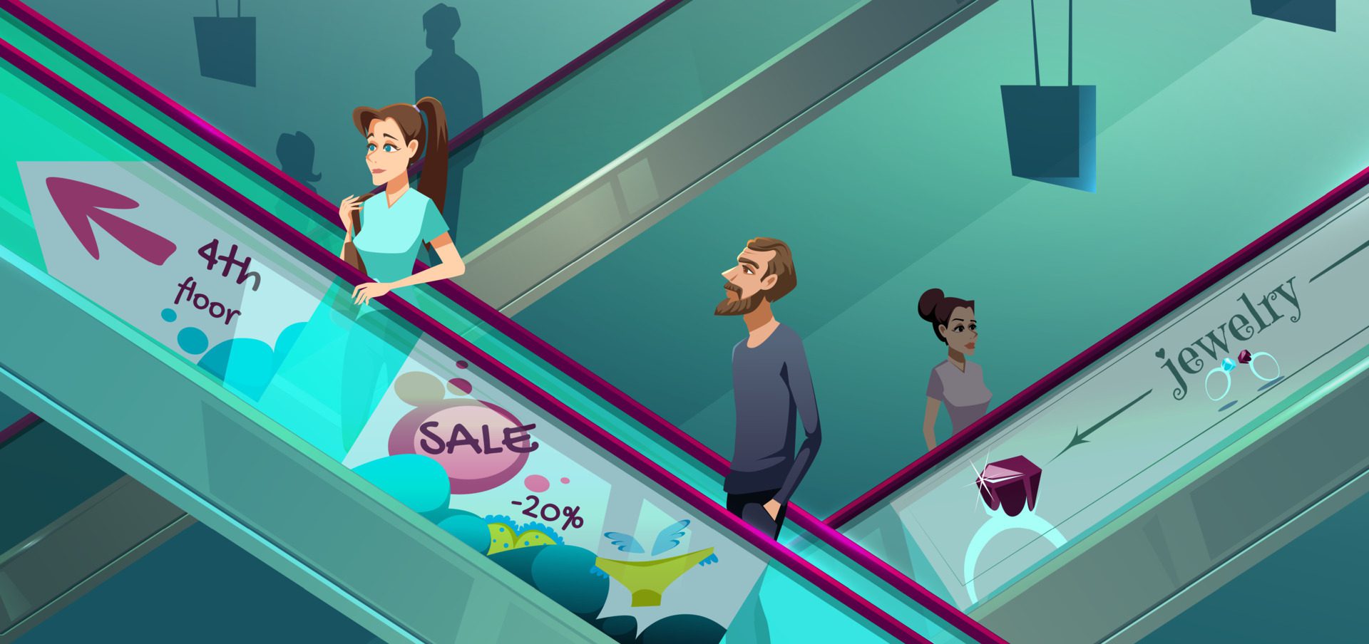 People on escalators in shopping center Free Vector