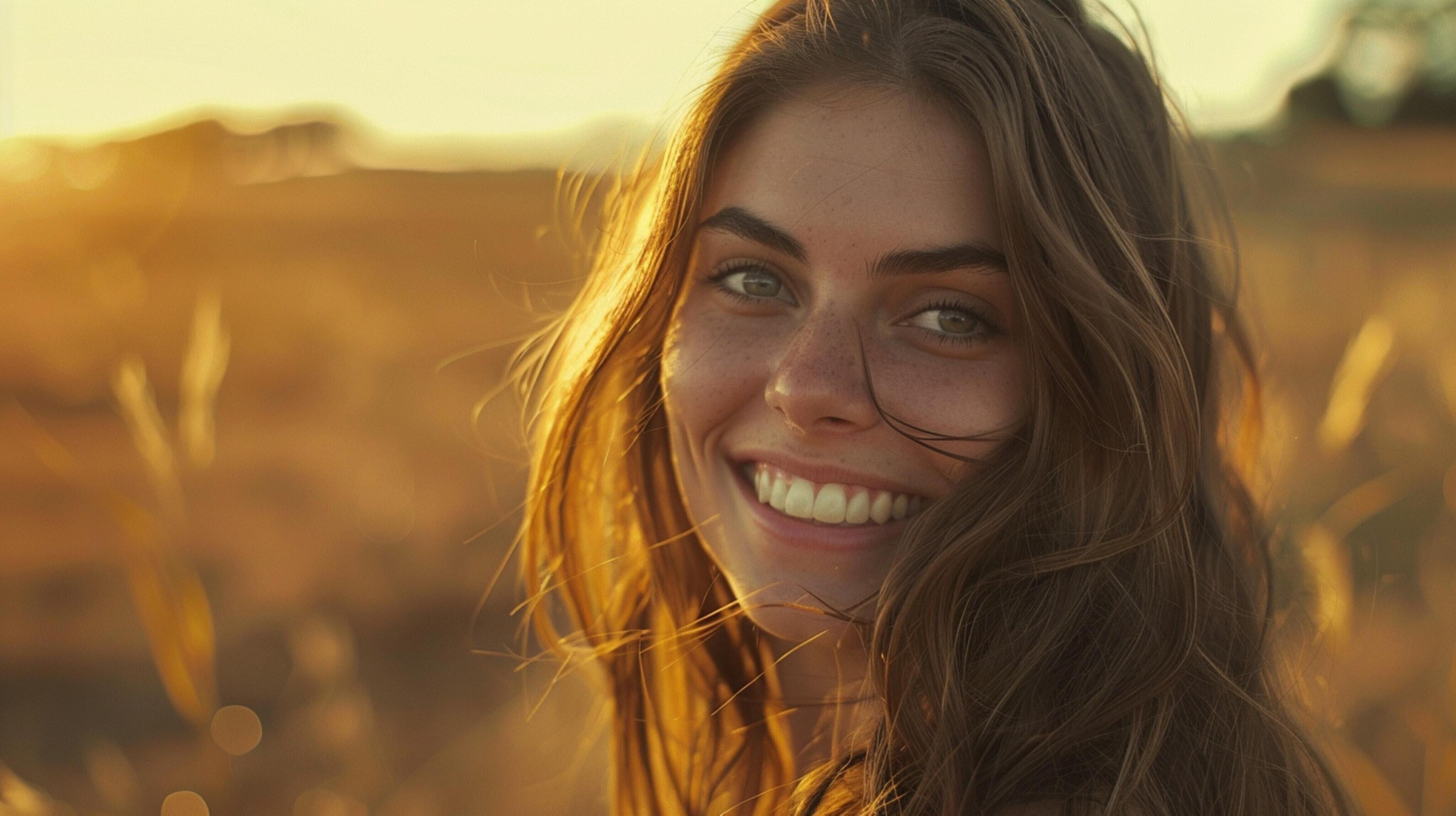 young woman with long brown hair smiling Stock Free