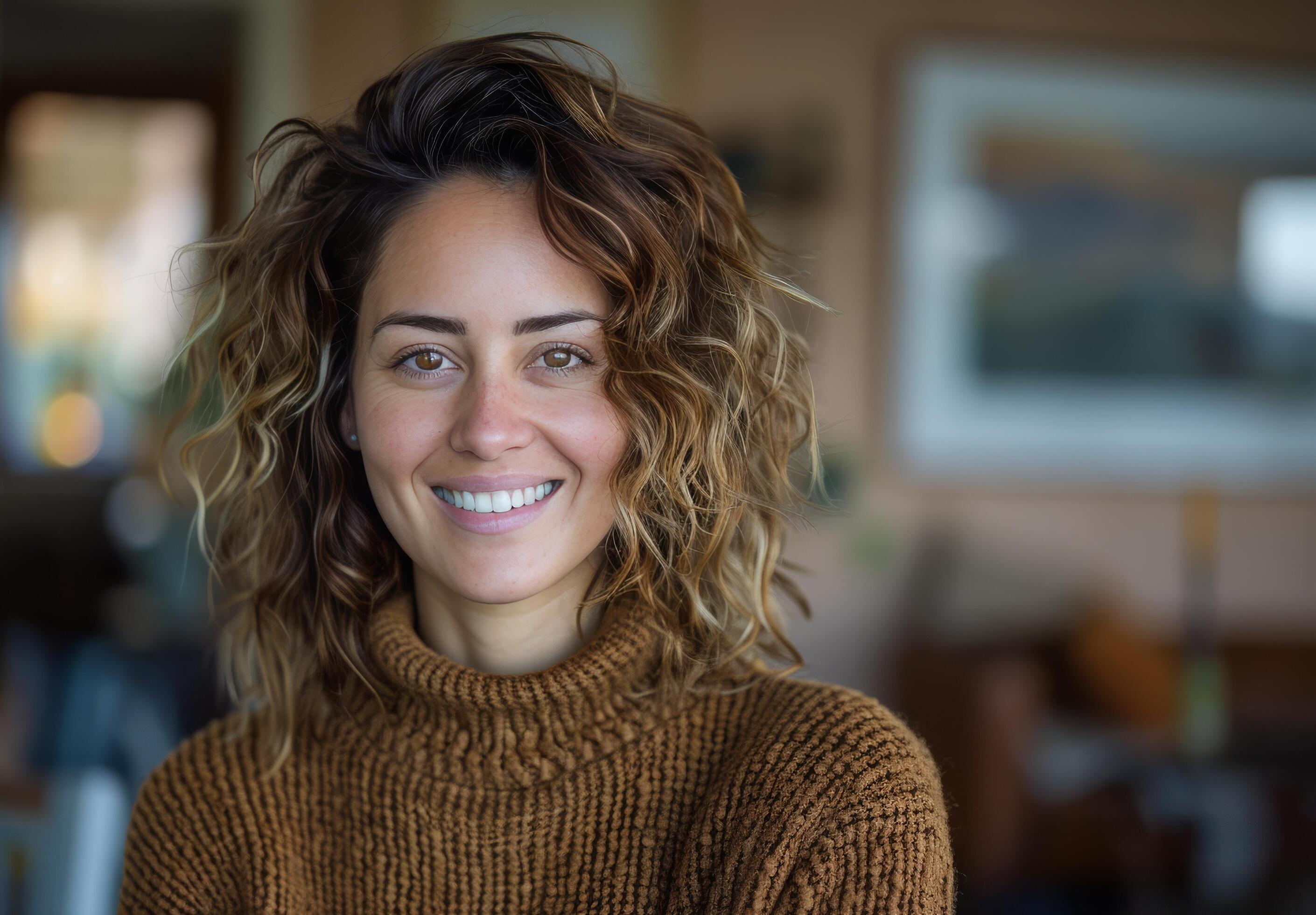 Woman With Long Curly Brown Hair Wearing an Orange Knit Sweater Smiling Stock Free