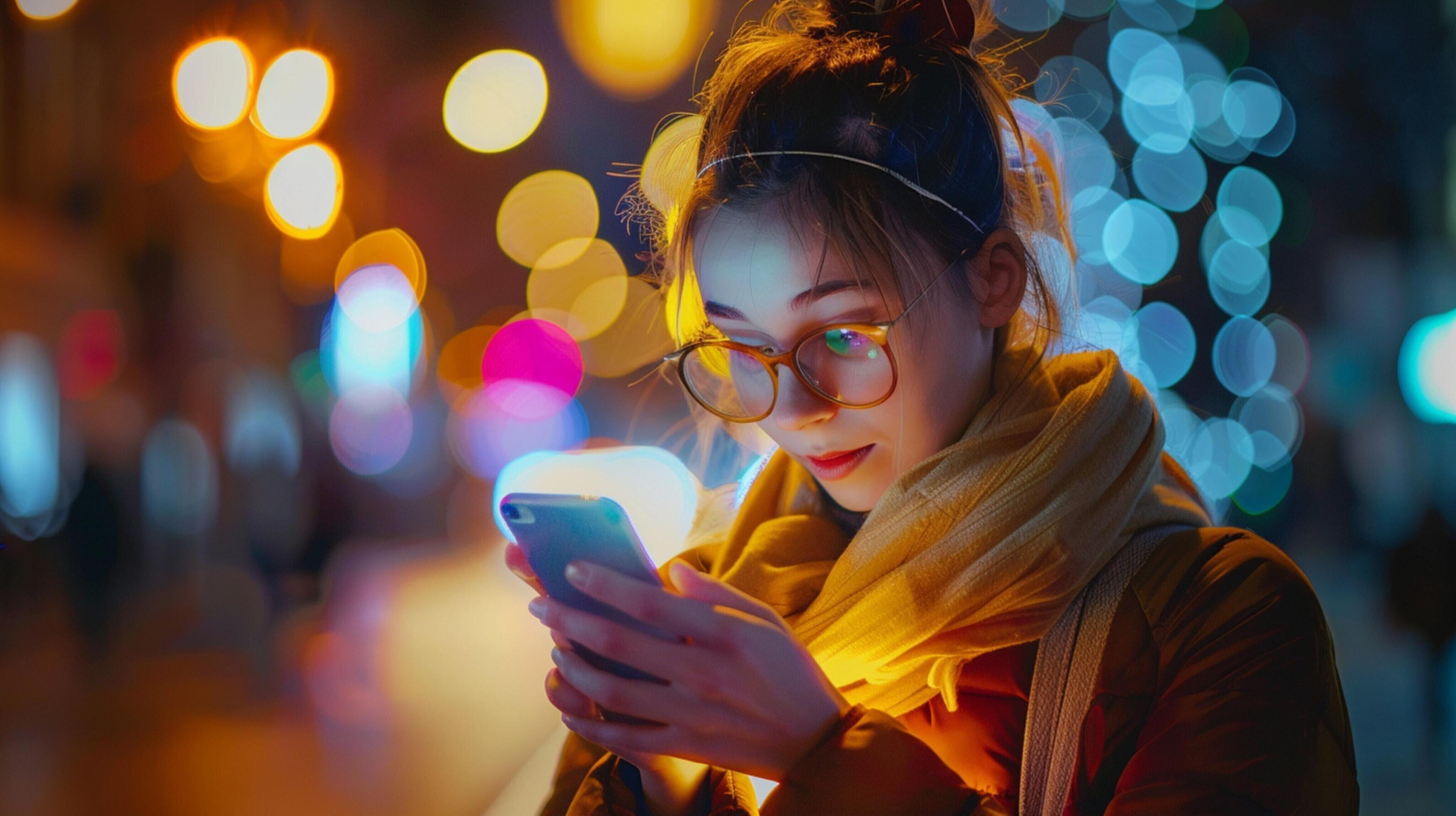 young woman illuminated night texting on phone Stock Free