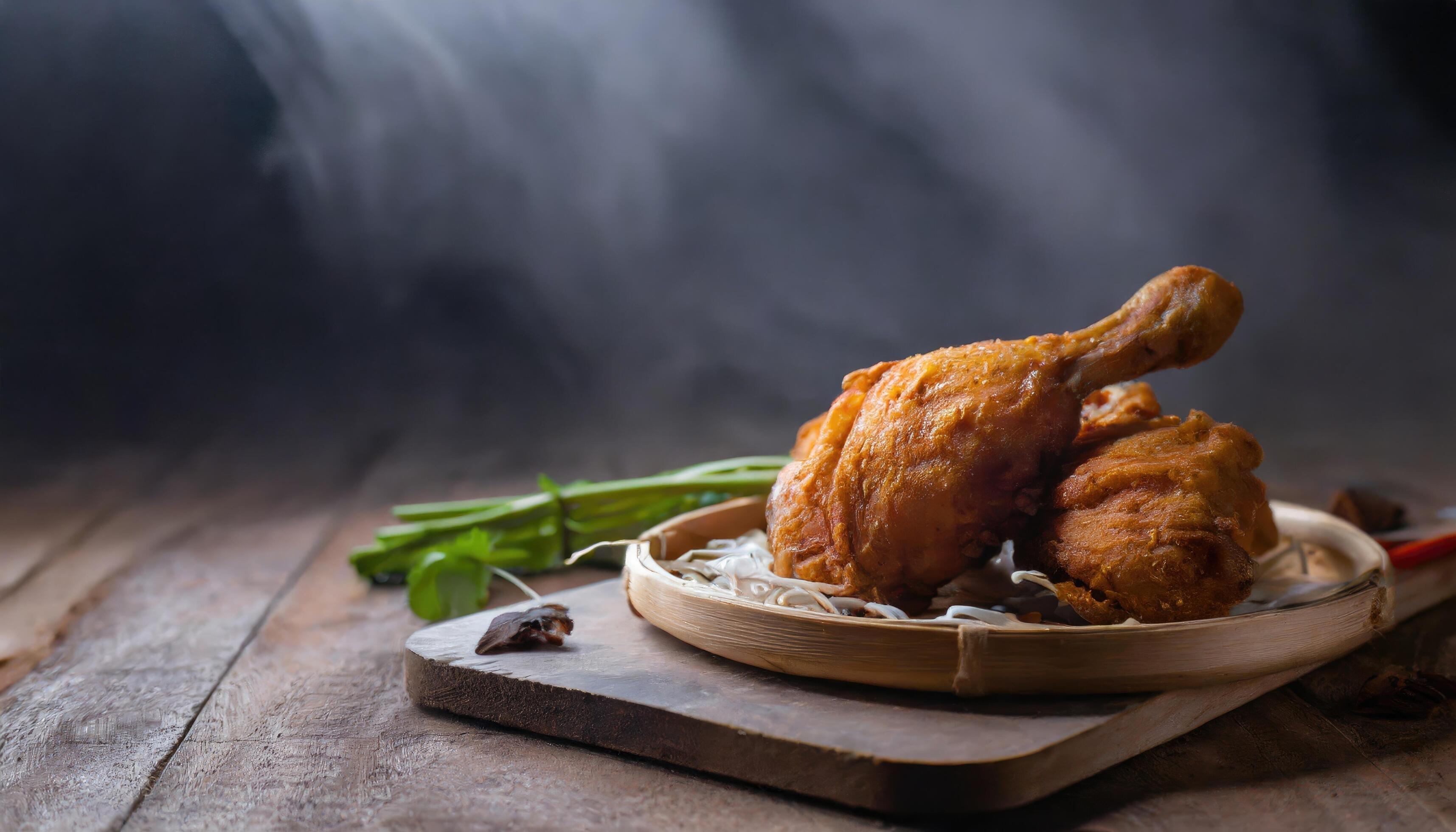 Copy Space image of Fried and Crispy Chicken Gizzards on a Rustic Wooden Table with landscape view background. Stock Free