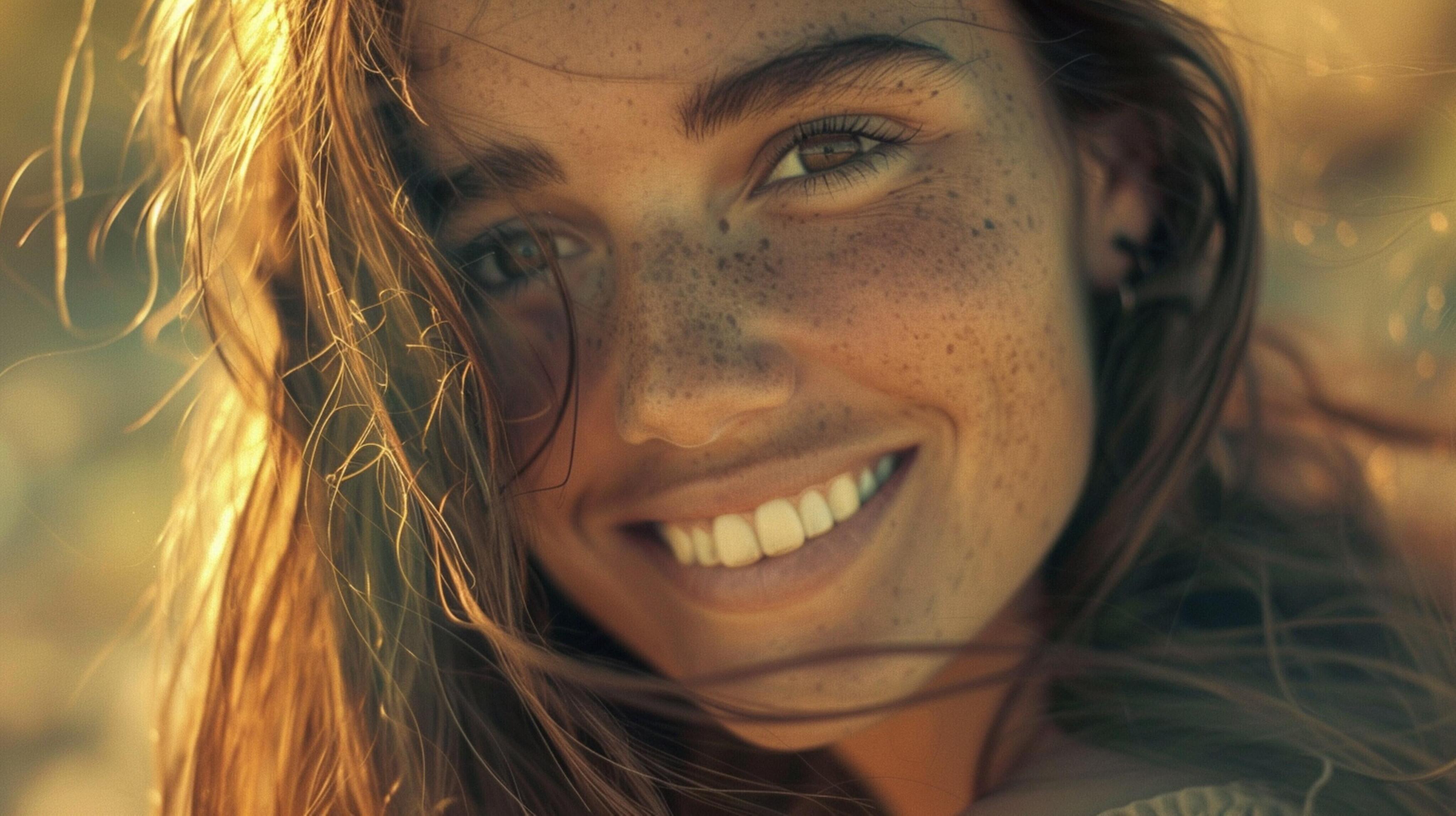 young woman with long brown hair smiling Stock Free