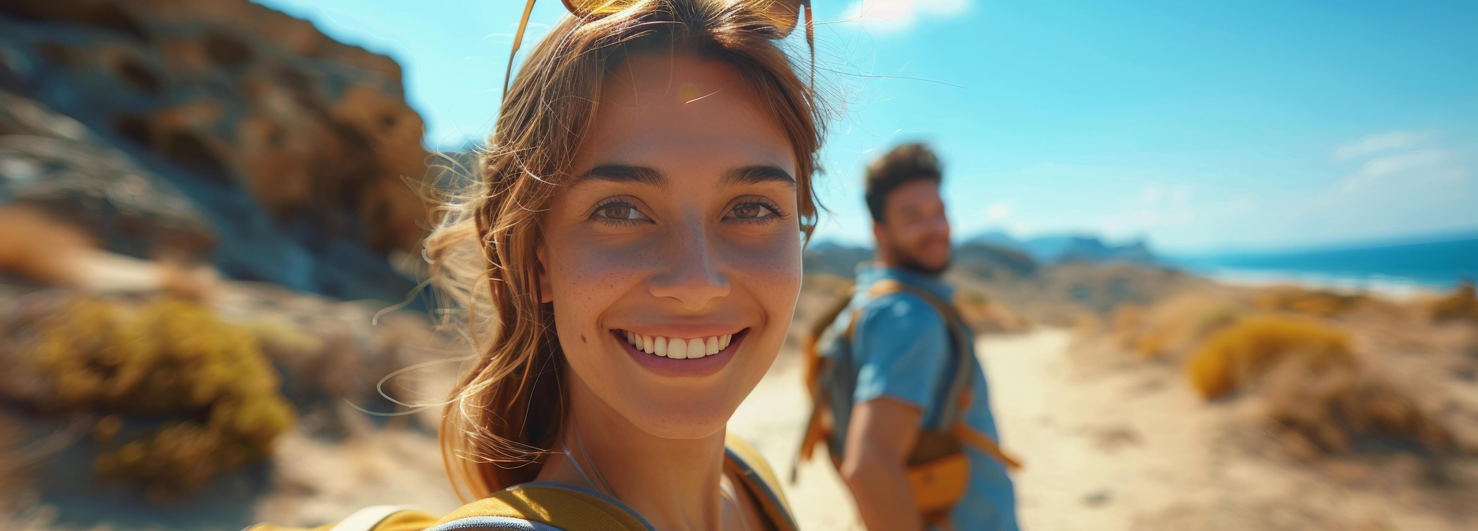 Smiling Woman Hiking With Backpack on Sunny Day Stock Free