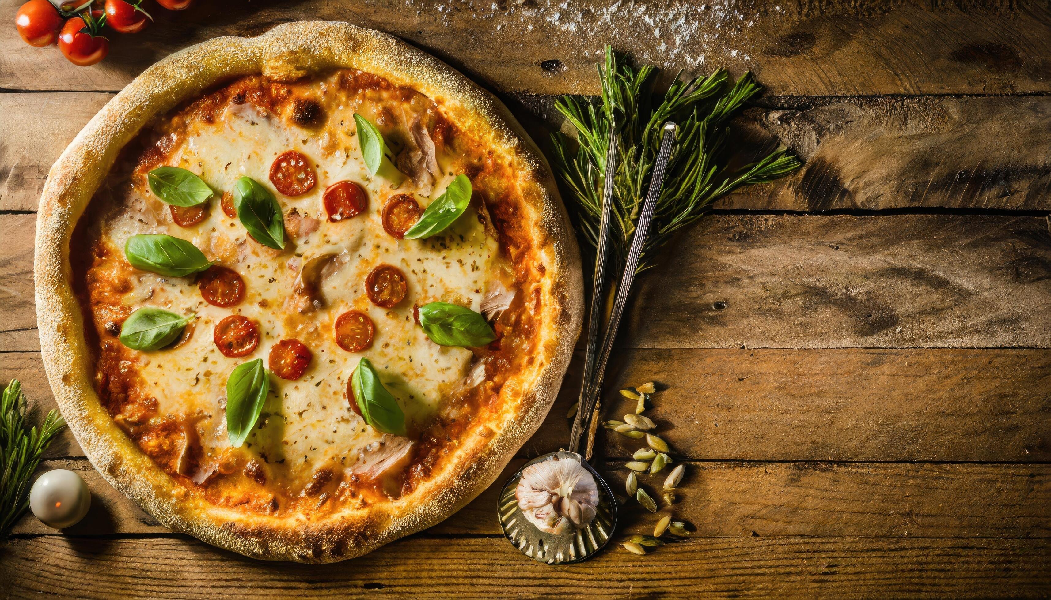 
									Copy Space image of Pizza Margherita on wooden background, Pizza Margarita with Tomatoes, Stock Free