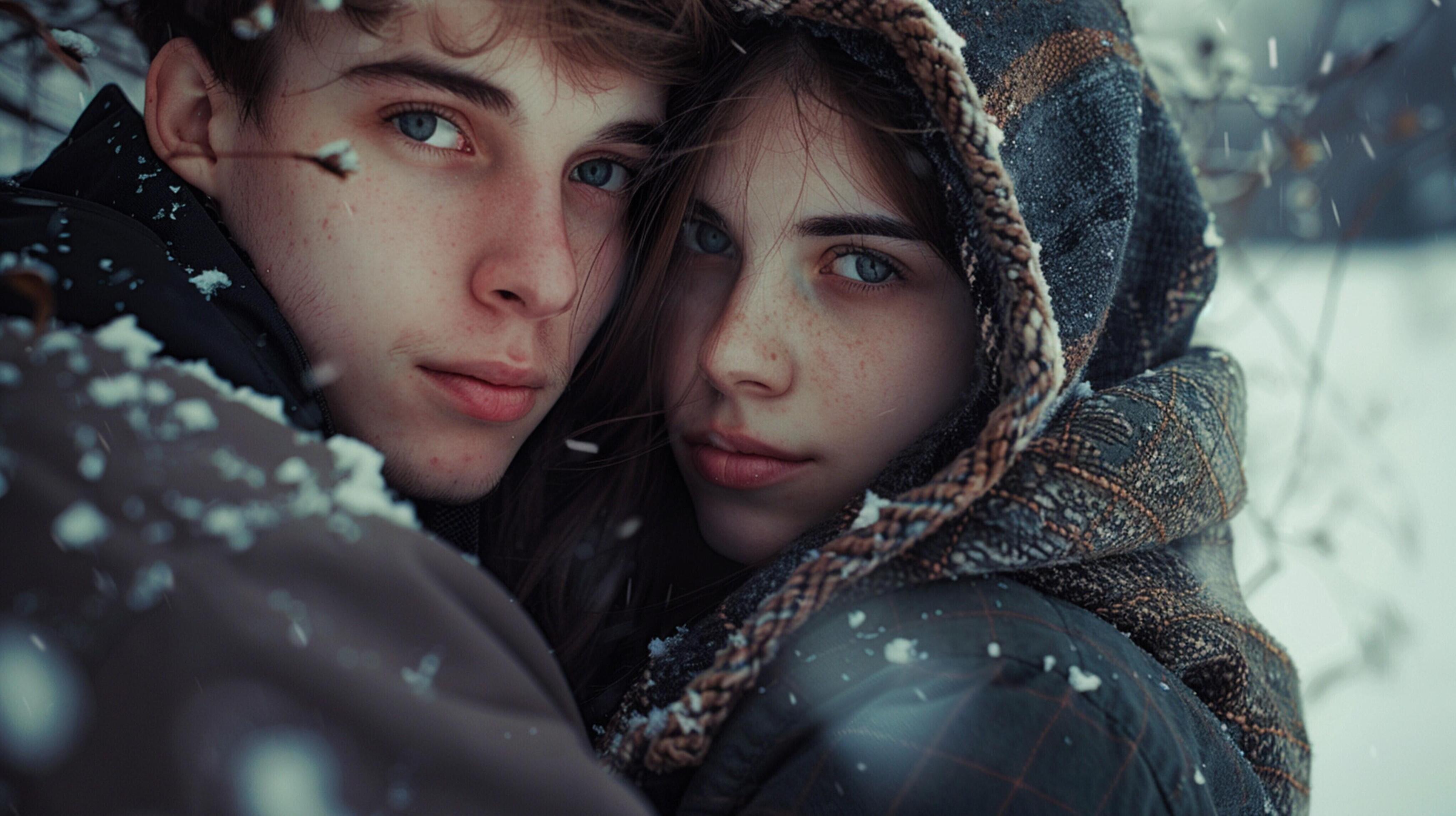 young couple in hooded shirts looking at camera Stock Free