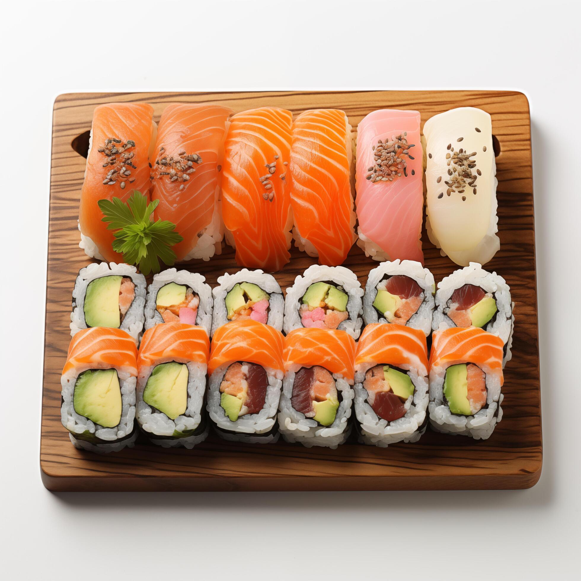 Wooden desk with different kinds of sushi isolated on white background. Photo for restaurant menu, advertising, delivery, banner Stock Free