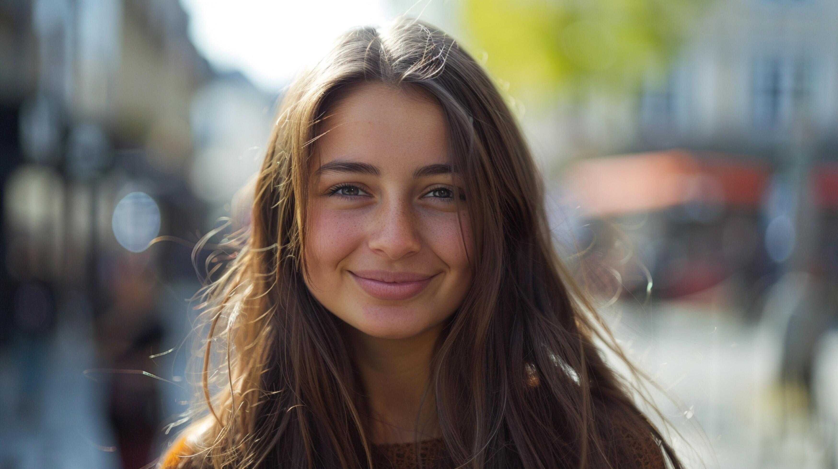 young woman with long brown hair smiling Stock Free