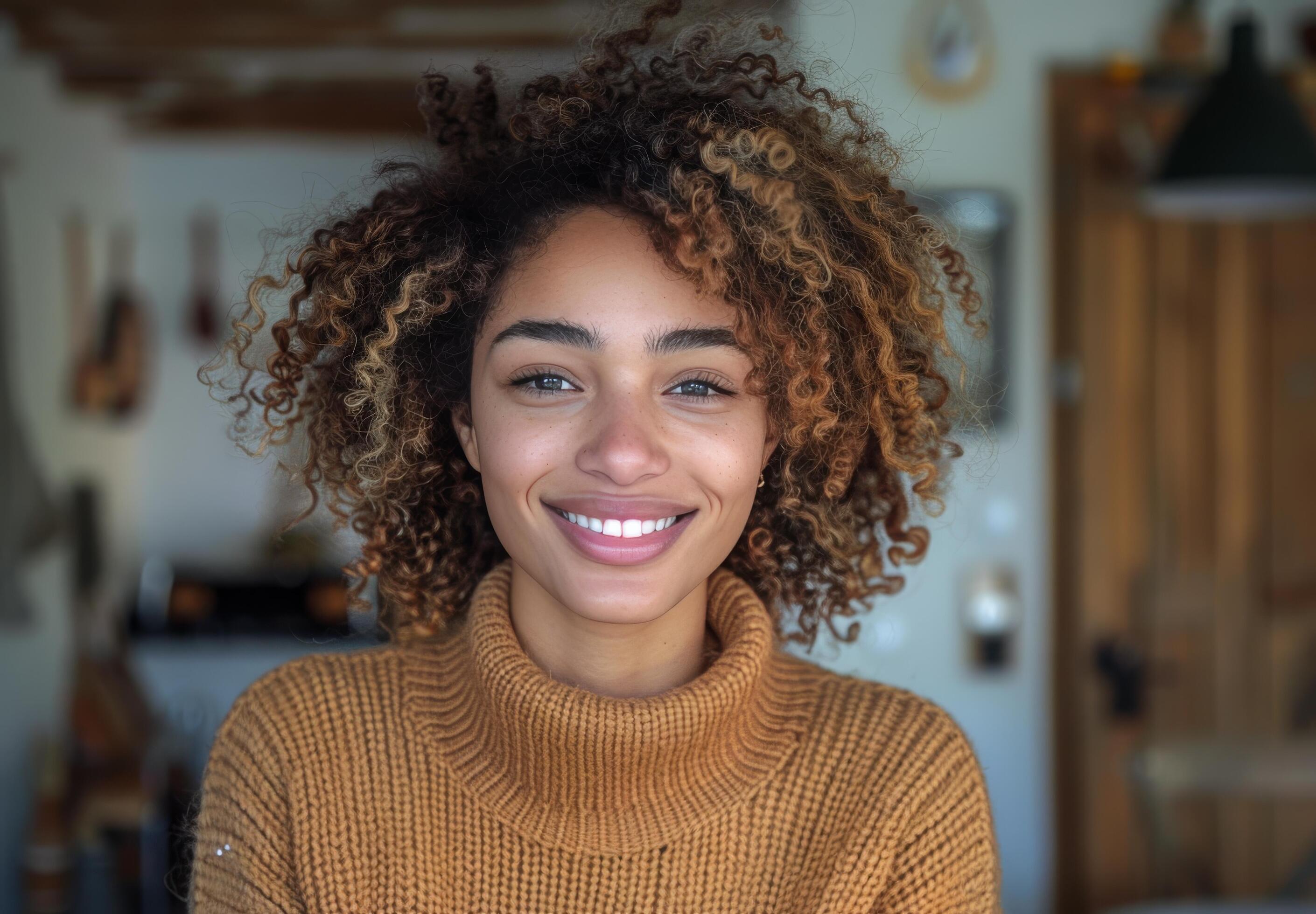 Woman With Long Curly Brown Hair Wearing an Orange Knit Sweater Smiling Stock Free