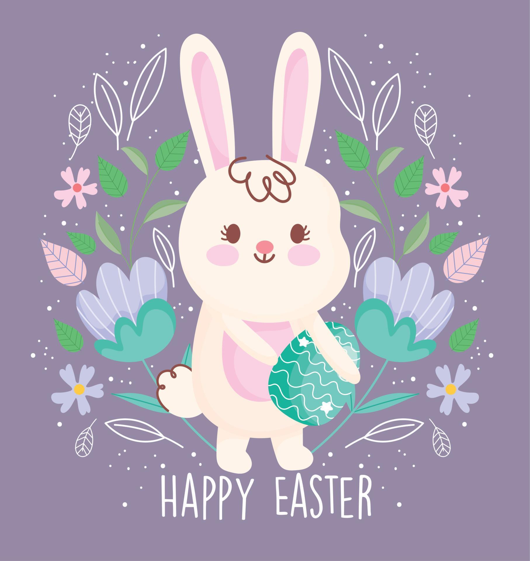 happy easter cute rabbit carrying egg flowers decoration Stock Free