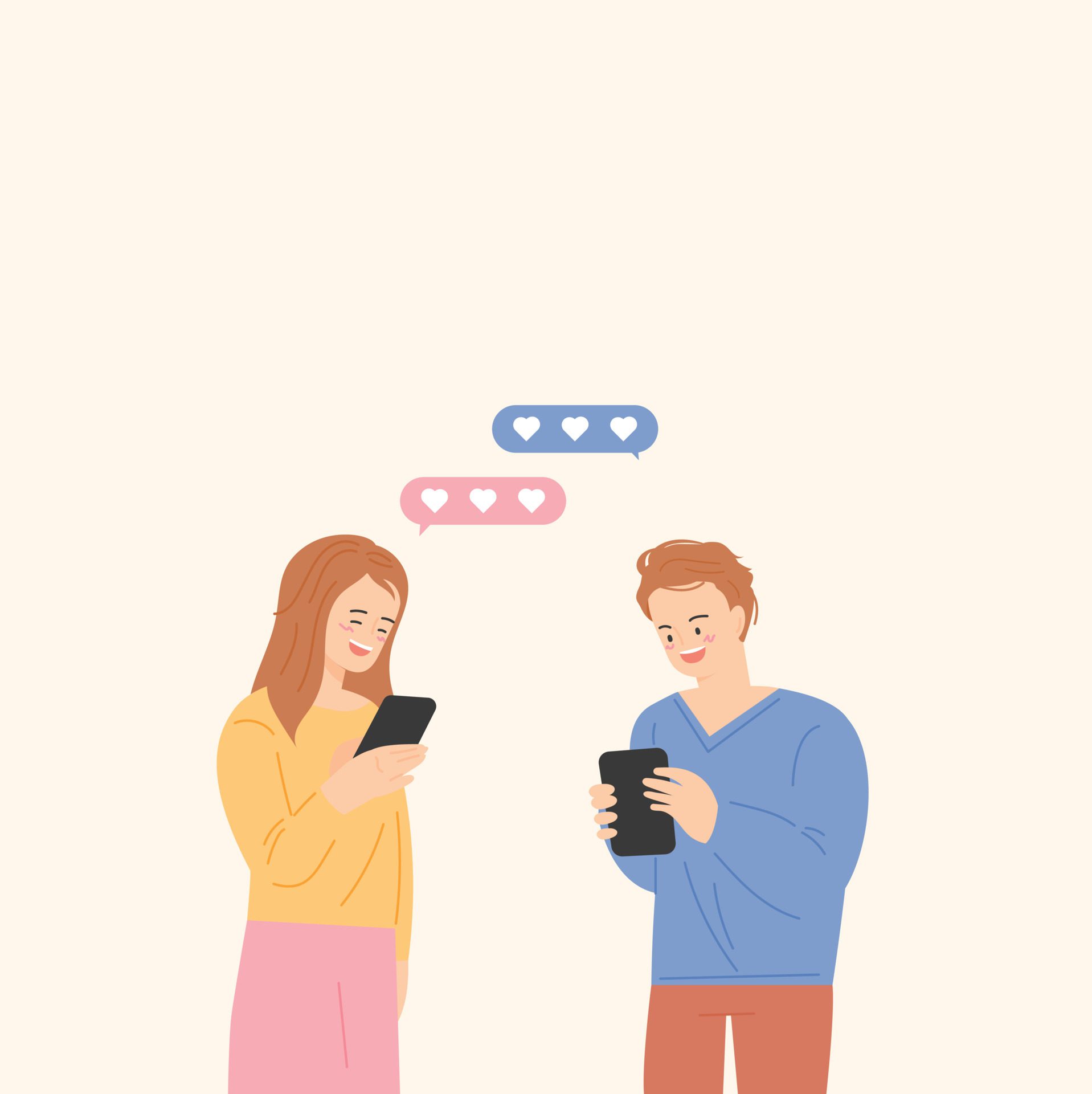 A man and a woman are holding mobile phones and sending mobile messages. Free Vector