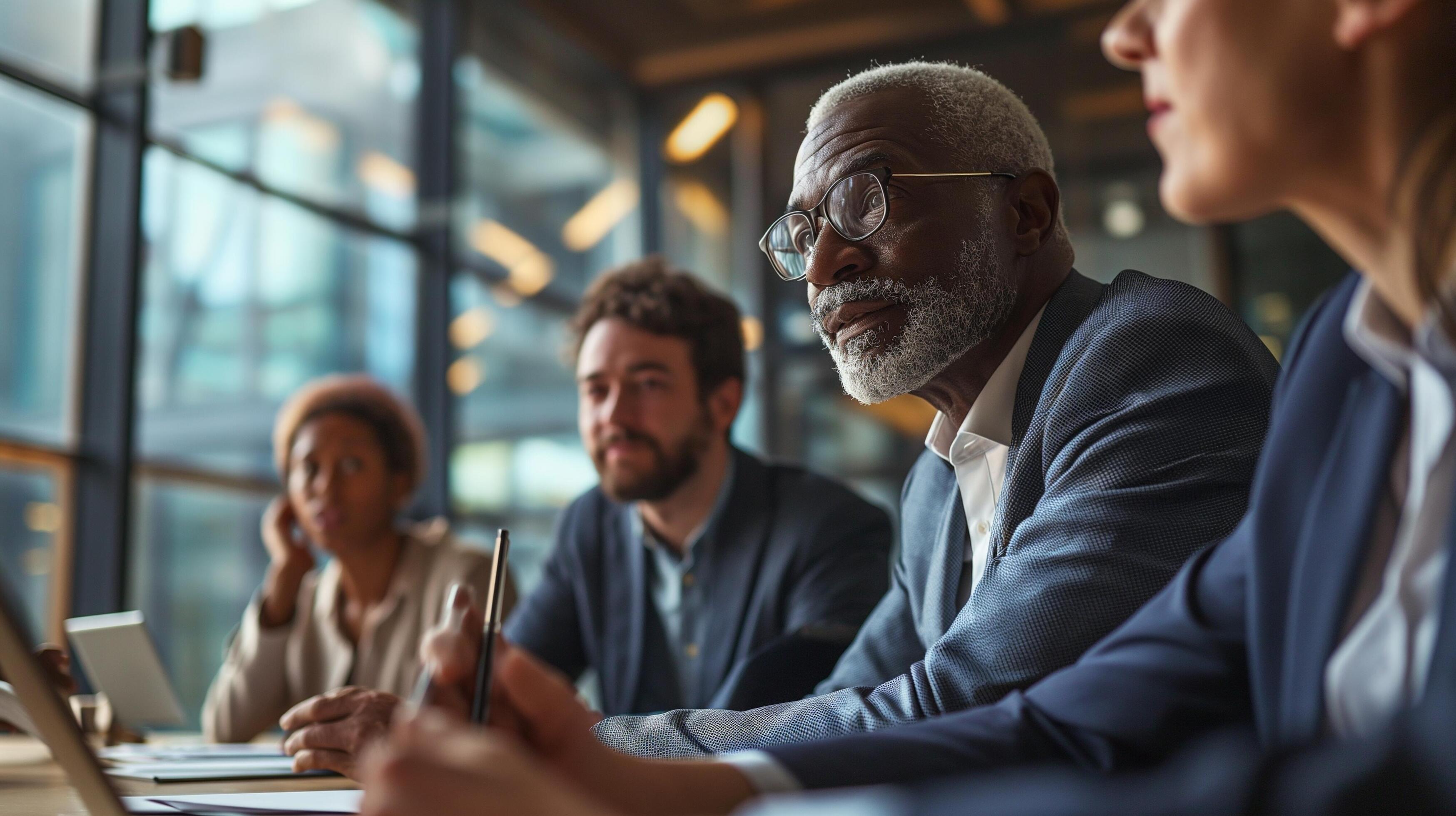 AI generated Multigenerational team discussing business strategies in modern office Stock Free