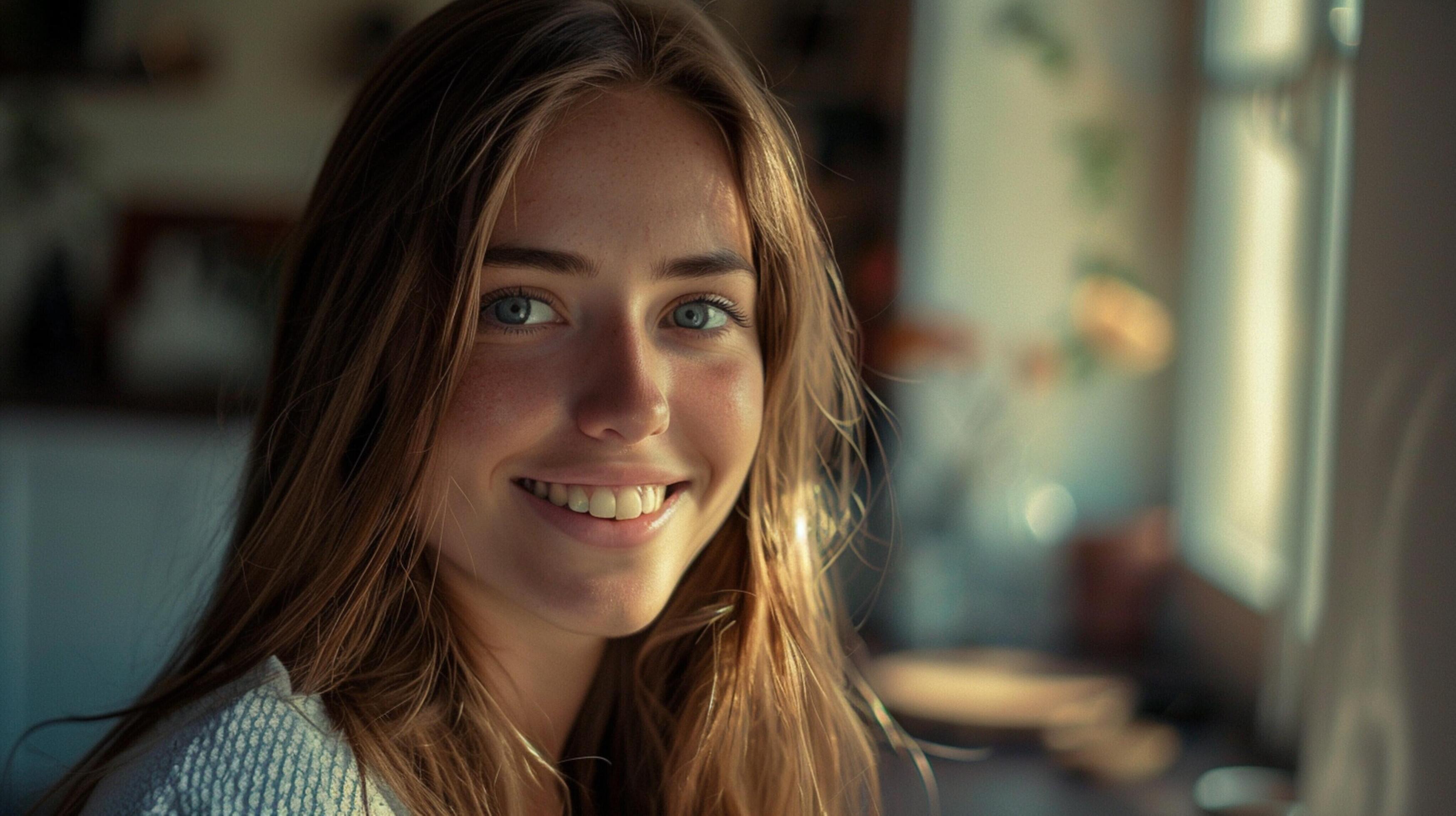 young woman with long brown hair smiling Stock Free