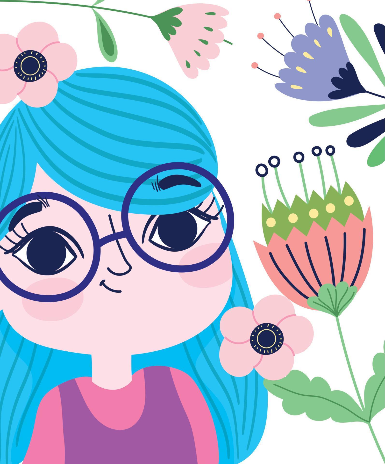 cute girl glasses cartoon with flowers botany Stock Free