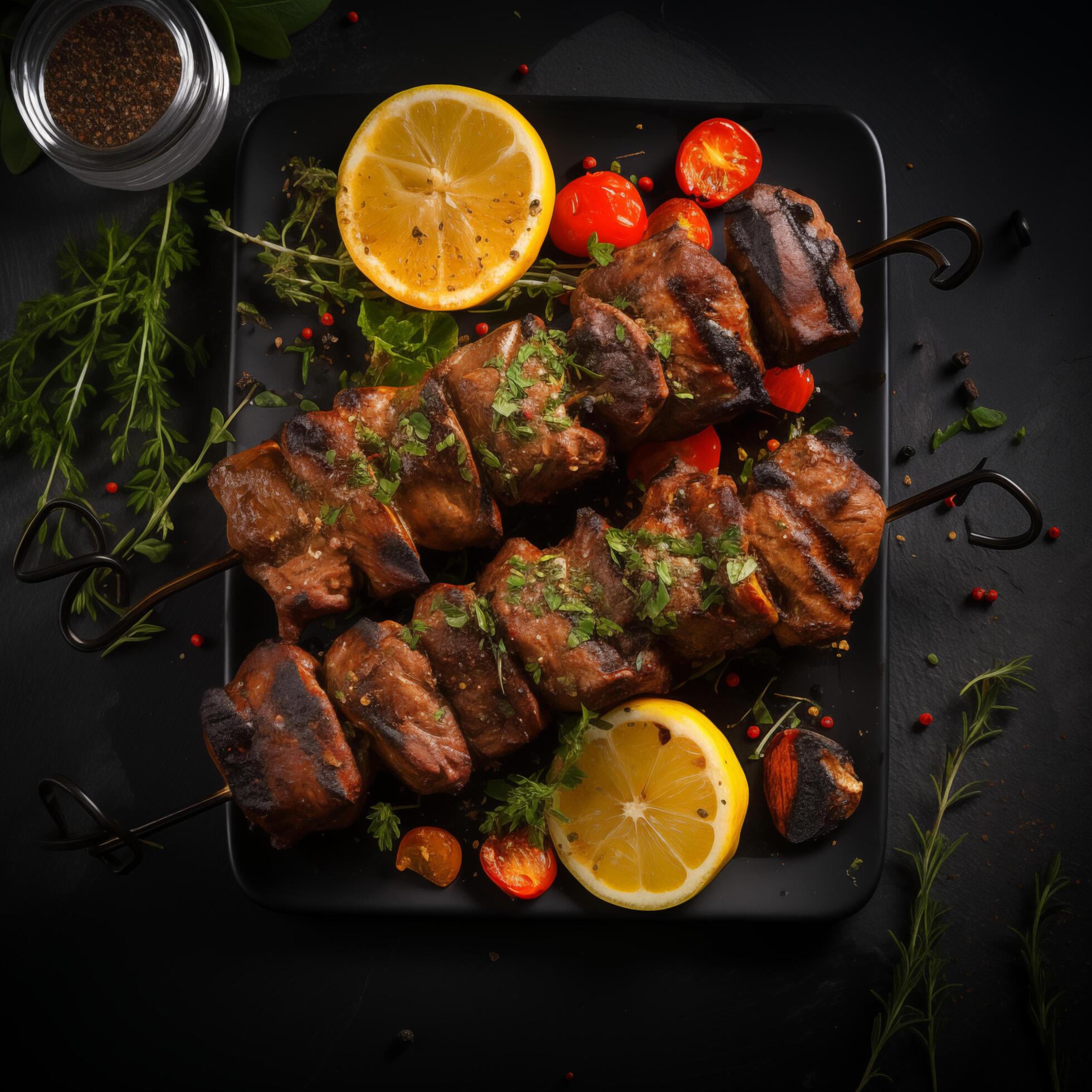 Photo of Grilled meat skewers shish kebab on black background. Photo for restaurant, menu, advertising, banner Stock Free