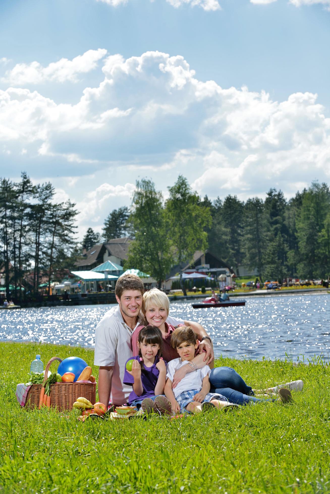 Happy family playing together in a picnic outdoors Stock Free