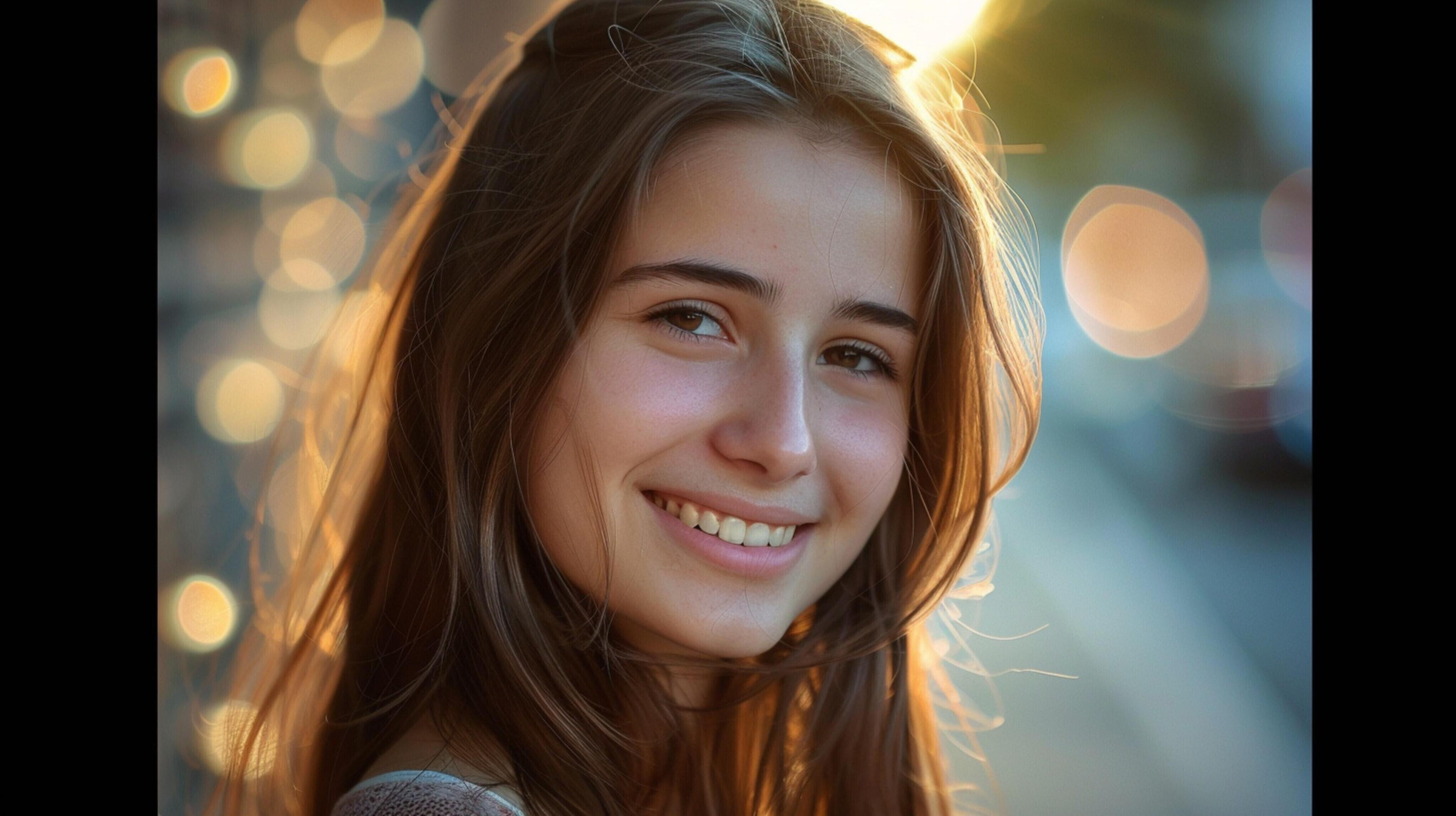 young woman with long brown hair smiling Stock Free