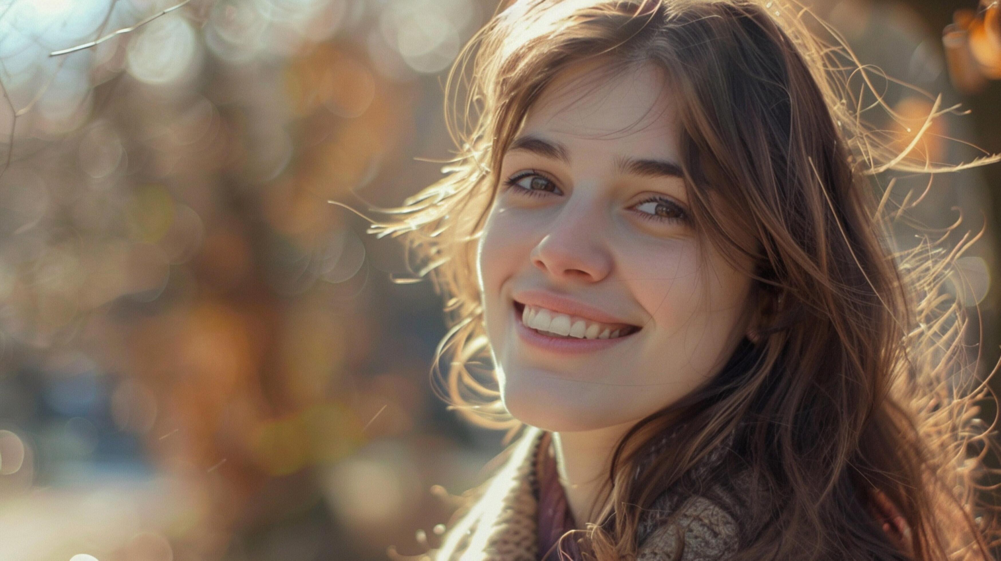 young woman with long brown hair smiling Stock Free