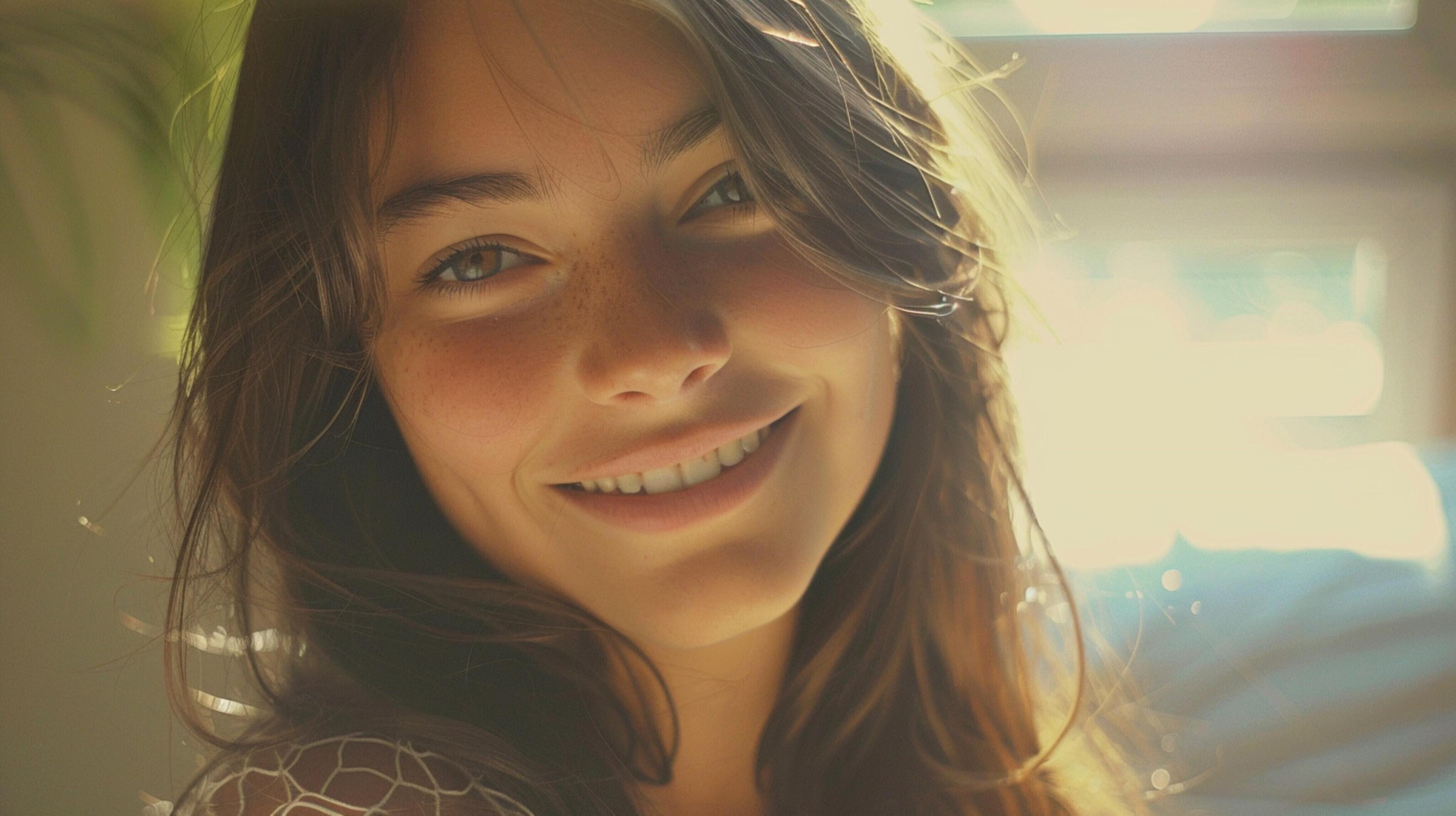 young woman with long brown hair smiling Stock Free