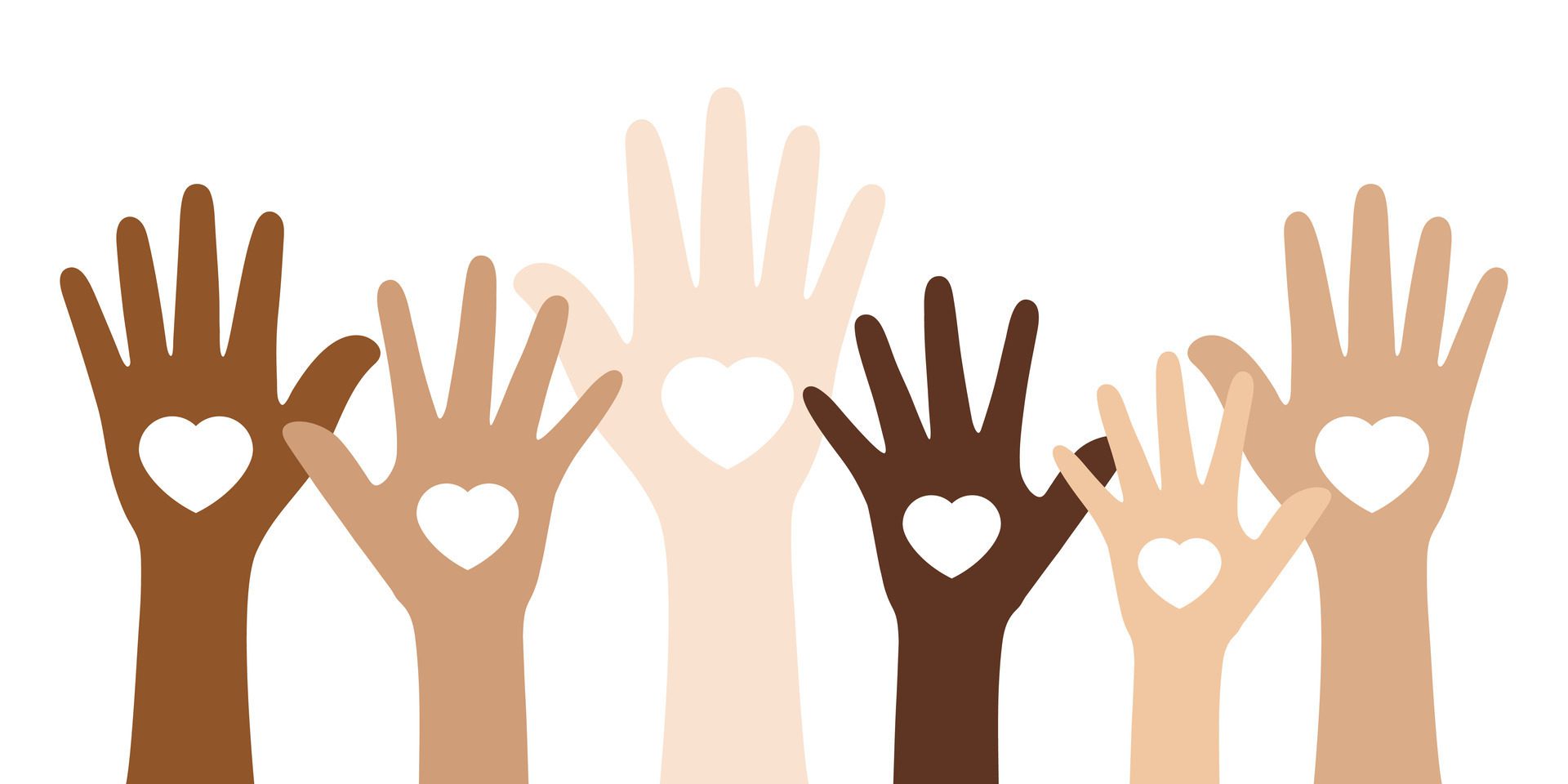 Flat vector illustration of people with different skin colors raising their hands. Unity concept. Free Vector