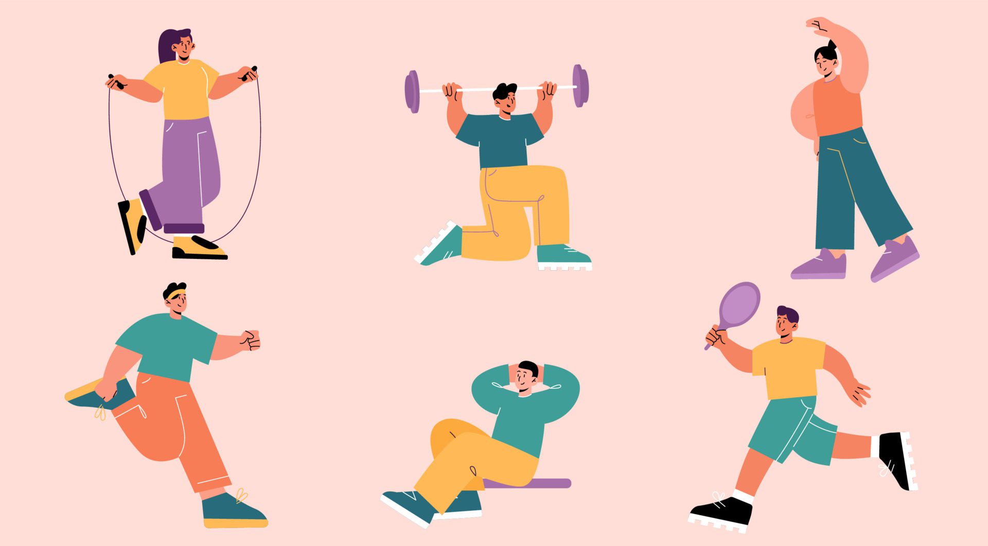 People exercise, sportsmen characters in gym set Free Vector