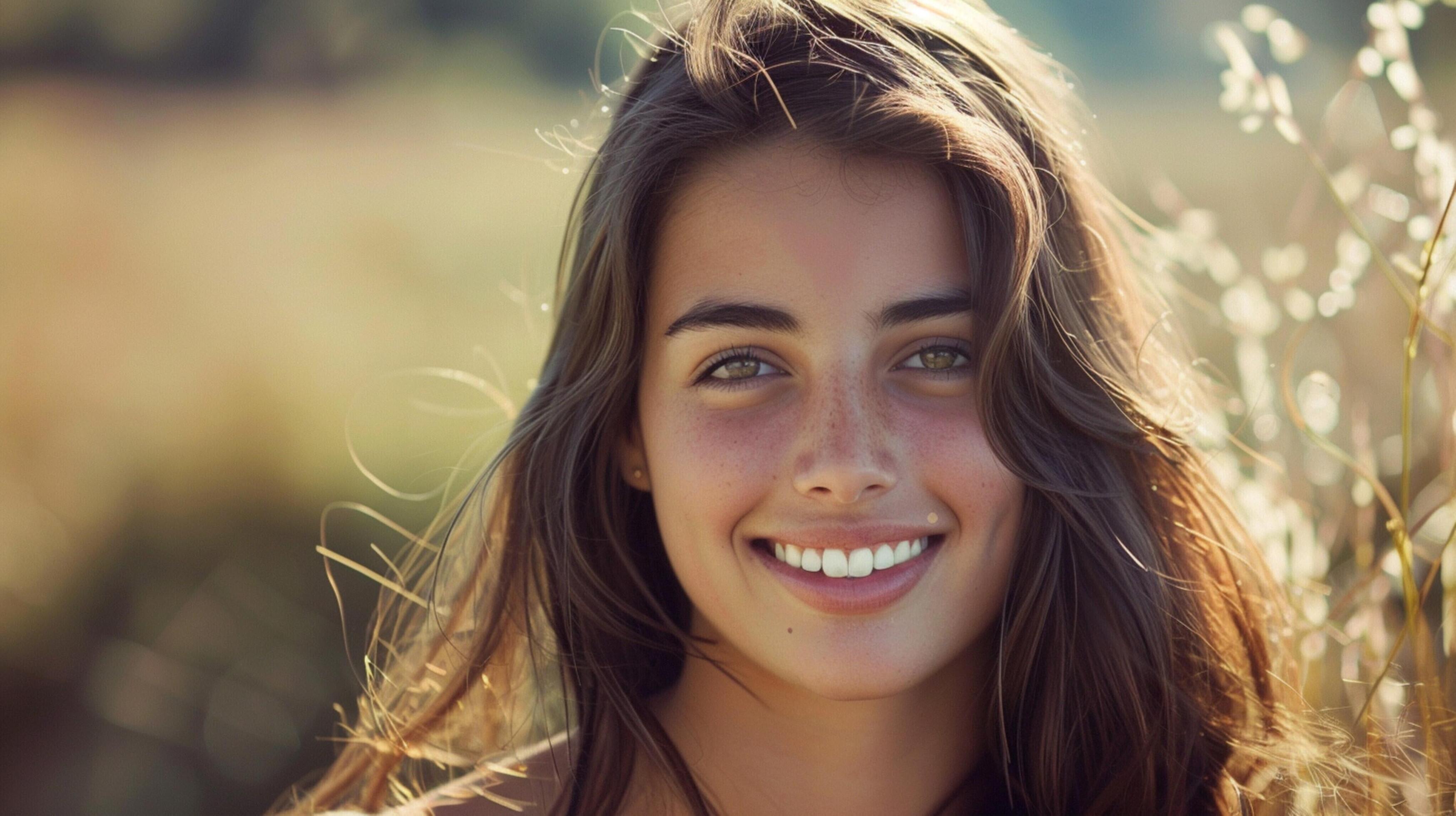 young woman with long brown hair smiling Stock Free