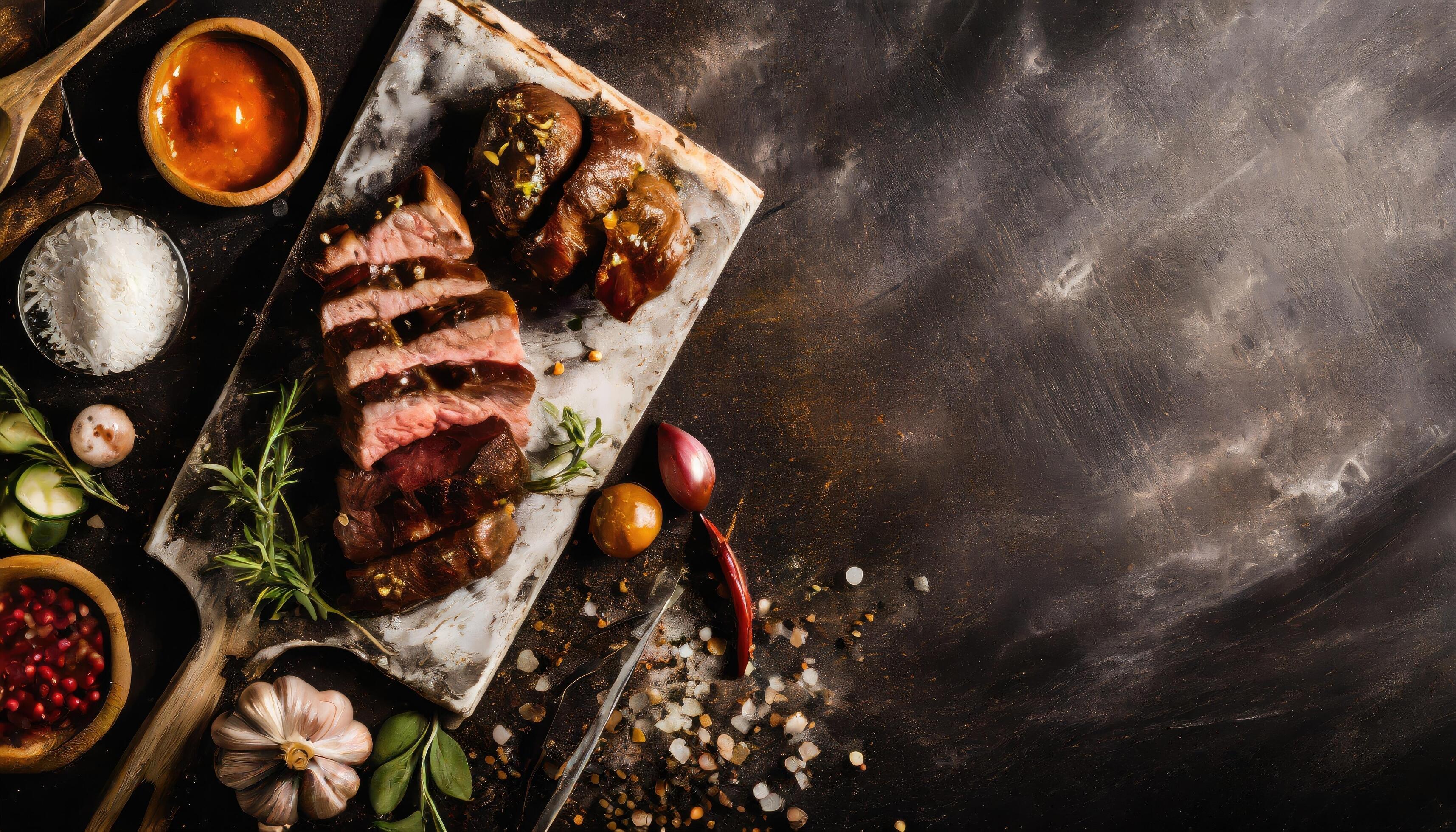 BBQ Grilled rib eye steak, fried rib eye beef meat on a plate with green salad. Dark background. Stock Free