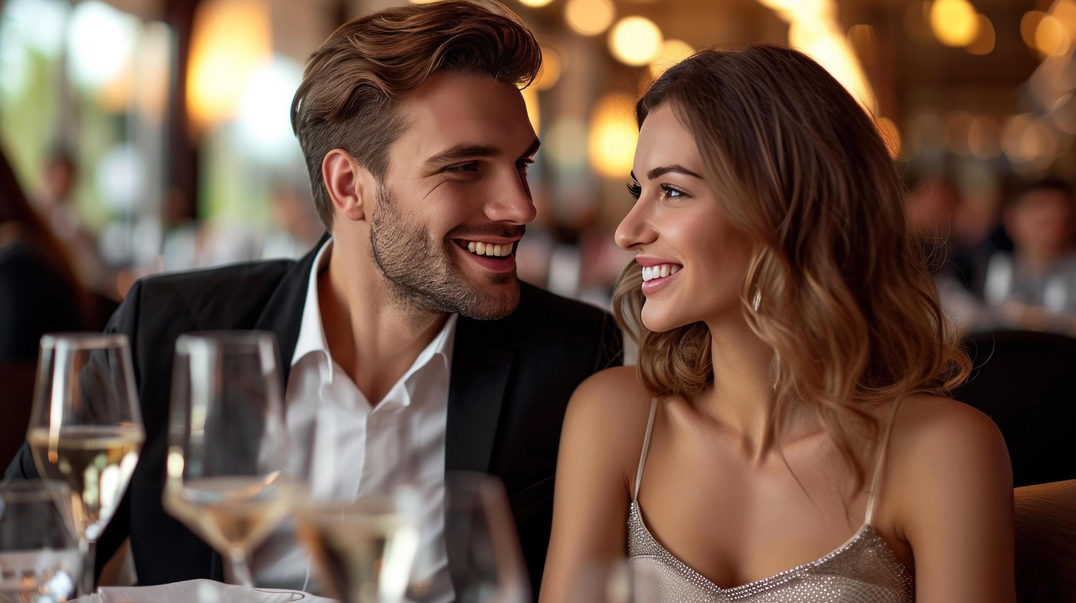 AI generated elegant business couple sitting in luxury restaurant with glass of shampagne Stock Free