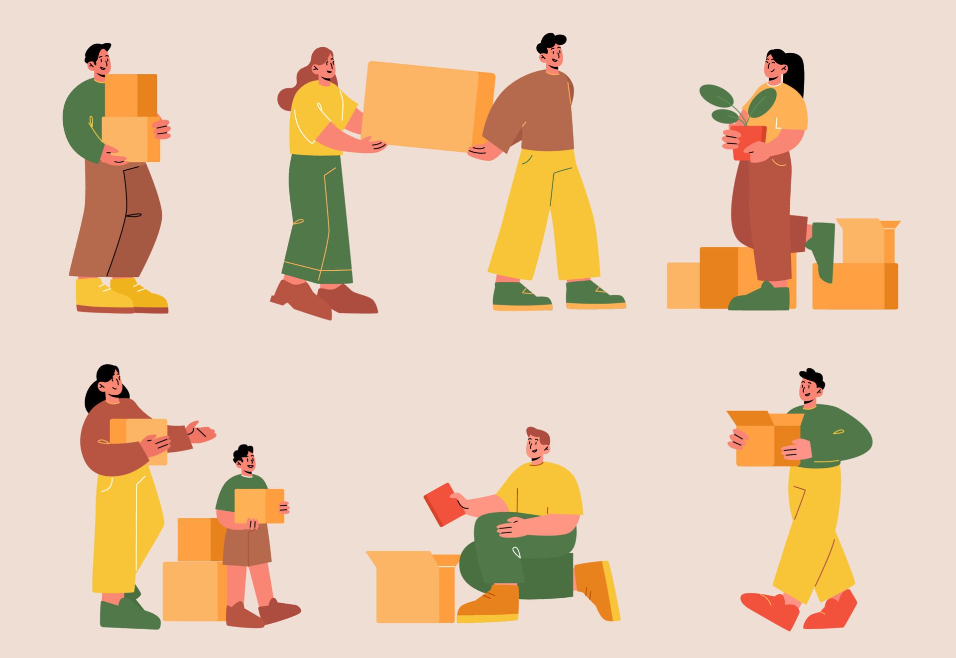 People with boxes family relocation into new house Free Vector