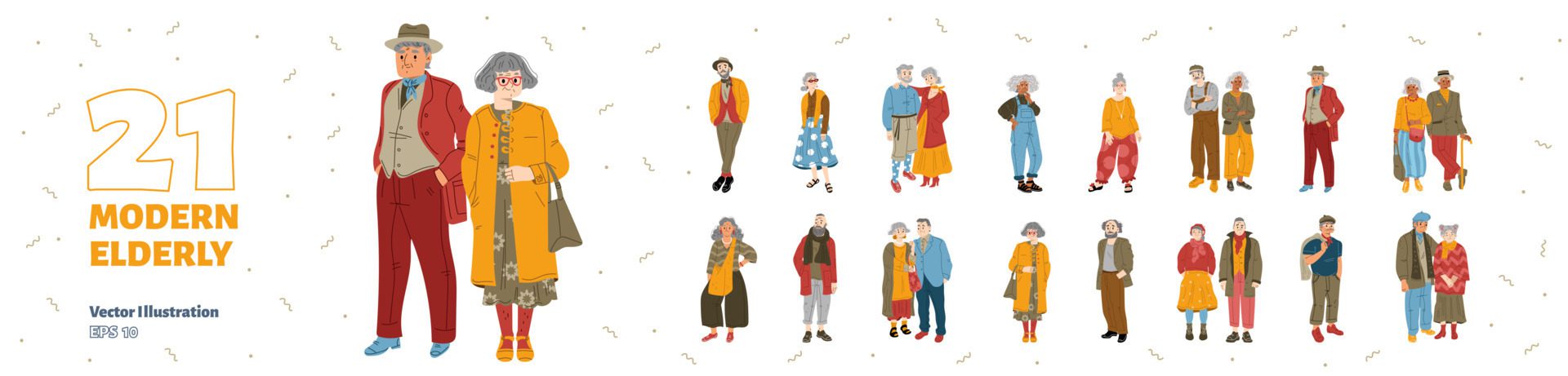 Set of modern elderly people, trendy characters Free Vector