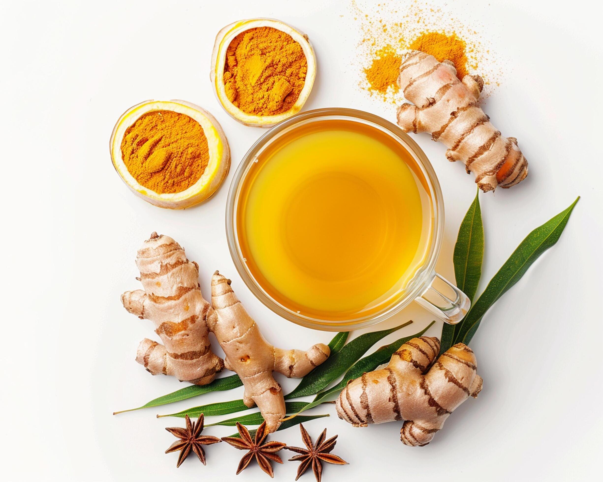 turmeric and ginger tea with spices on white background Stock Free