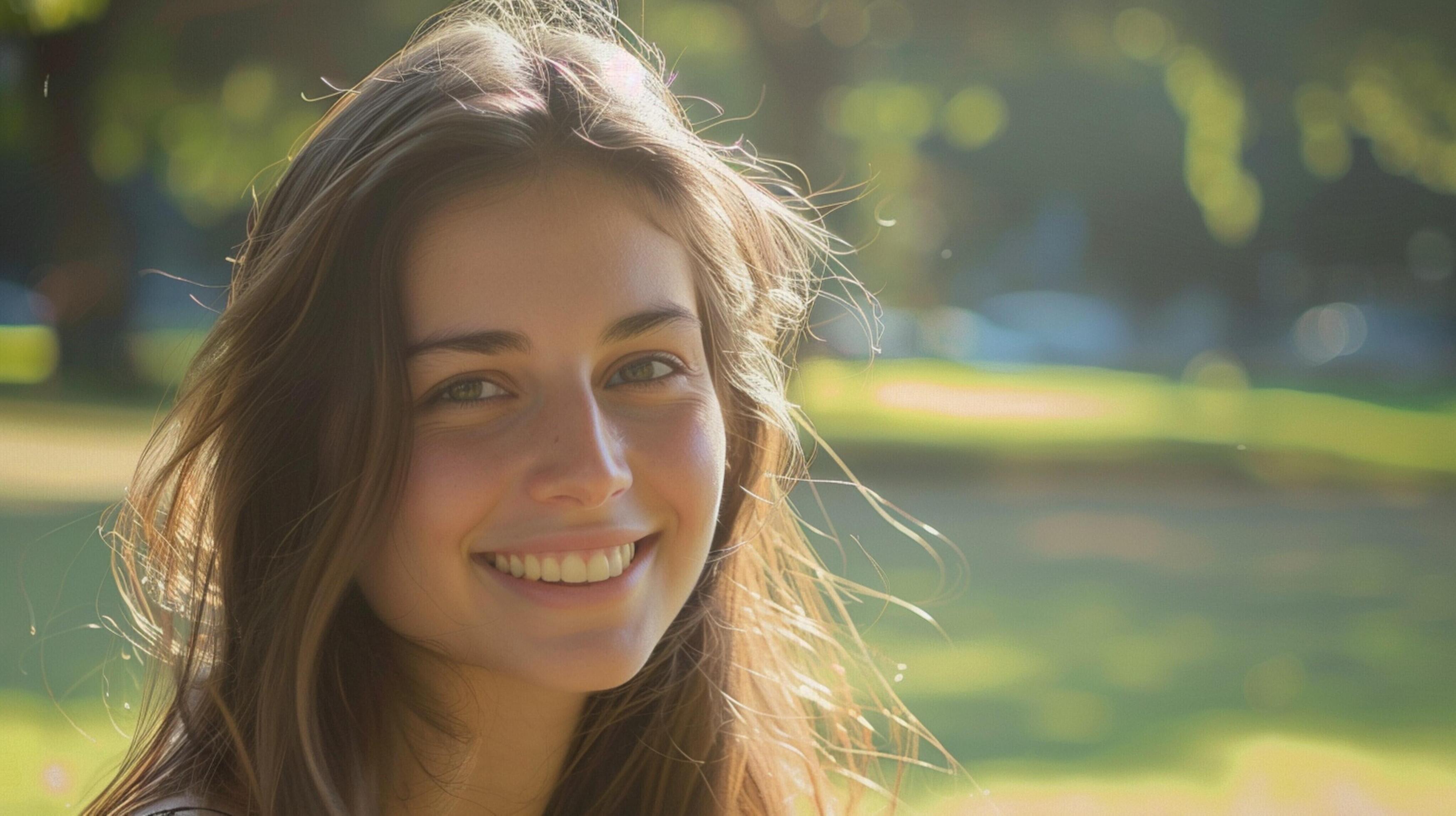 young woman with long brown hair smiling Stock Free