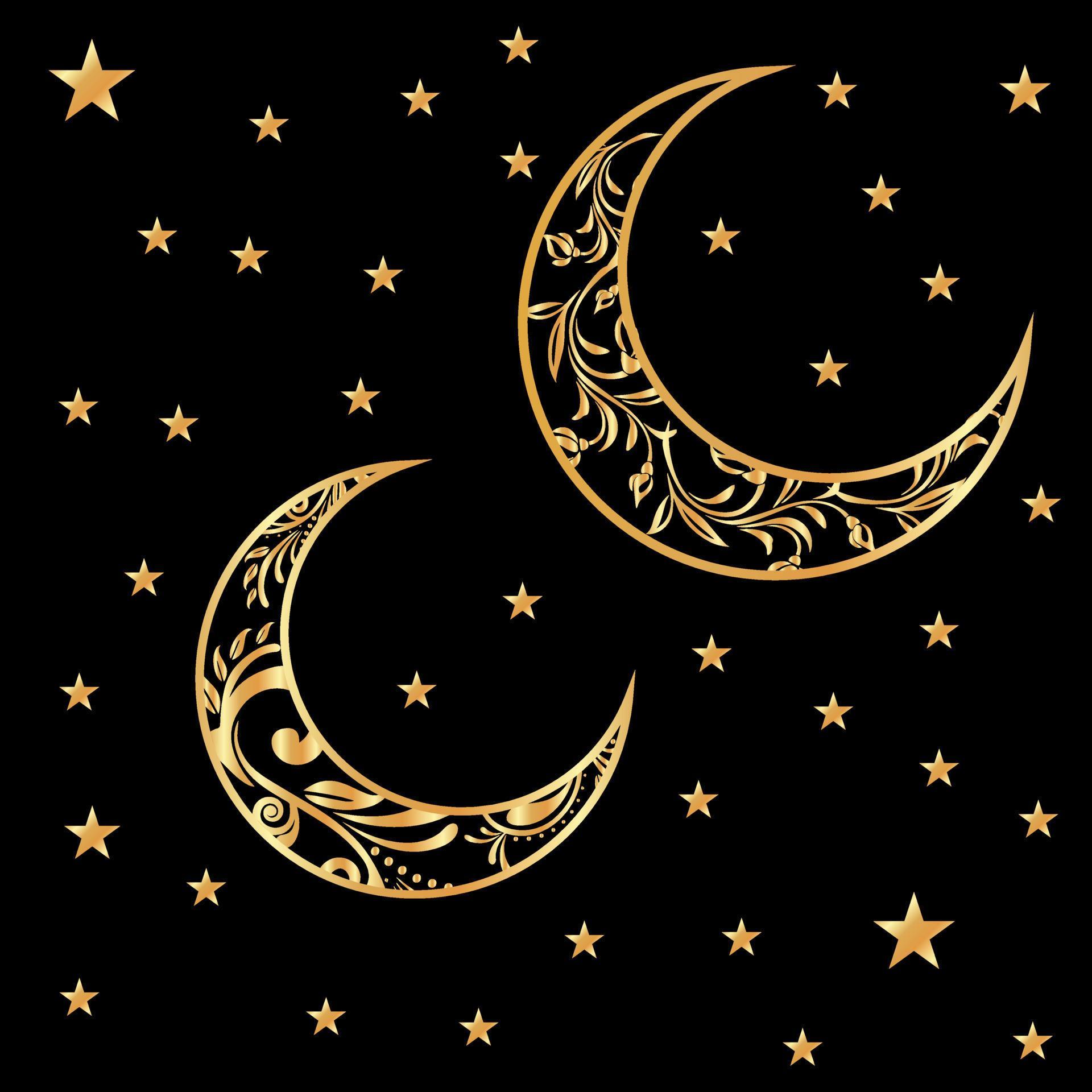 Collection of shiny gold crescent moon and stars vector Stock Free and Free SVG