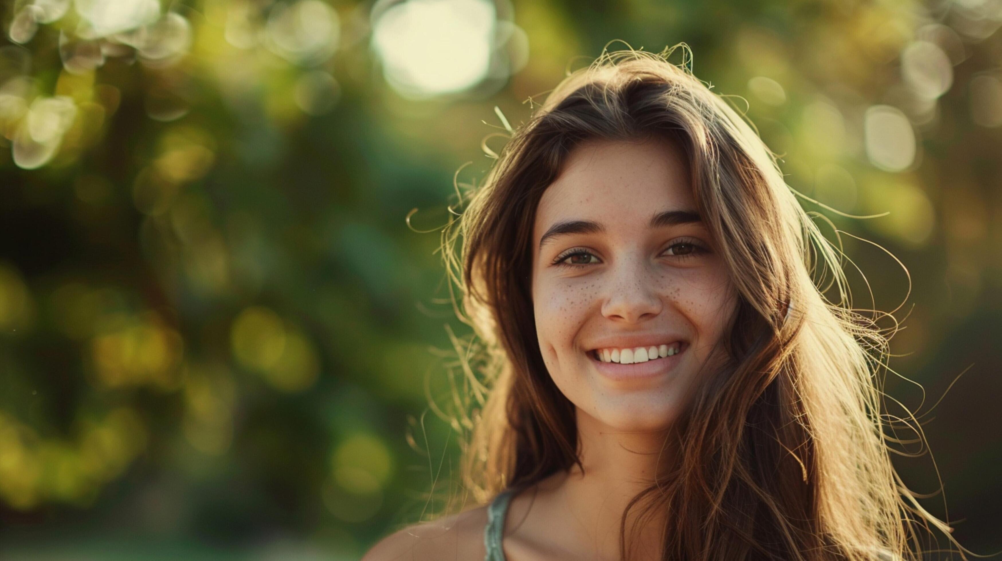 young woman with long brown hair smiling Stock Free