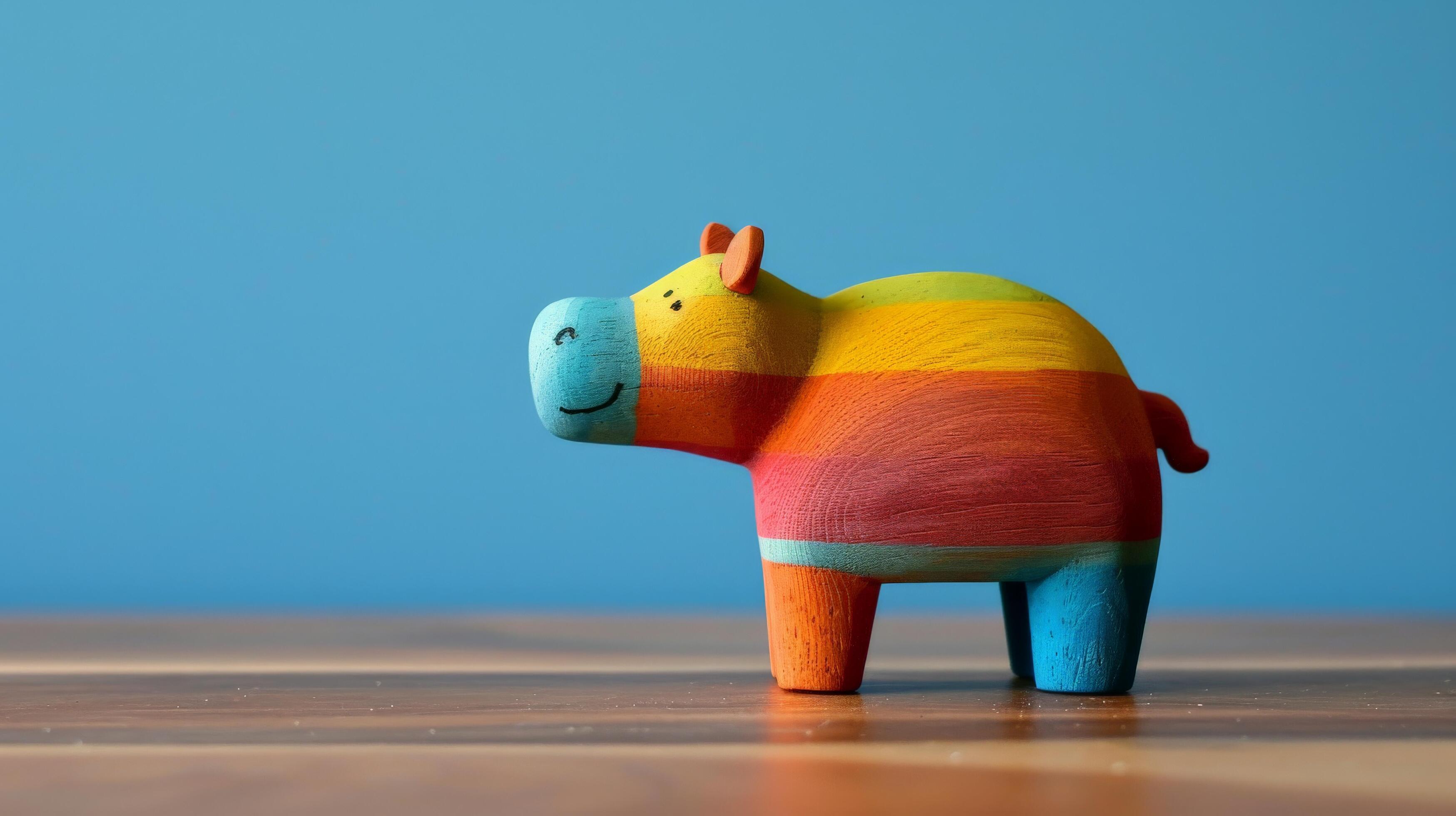 Wooden hippo toy on desk, blue background Stock Free