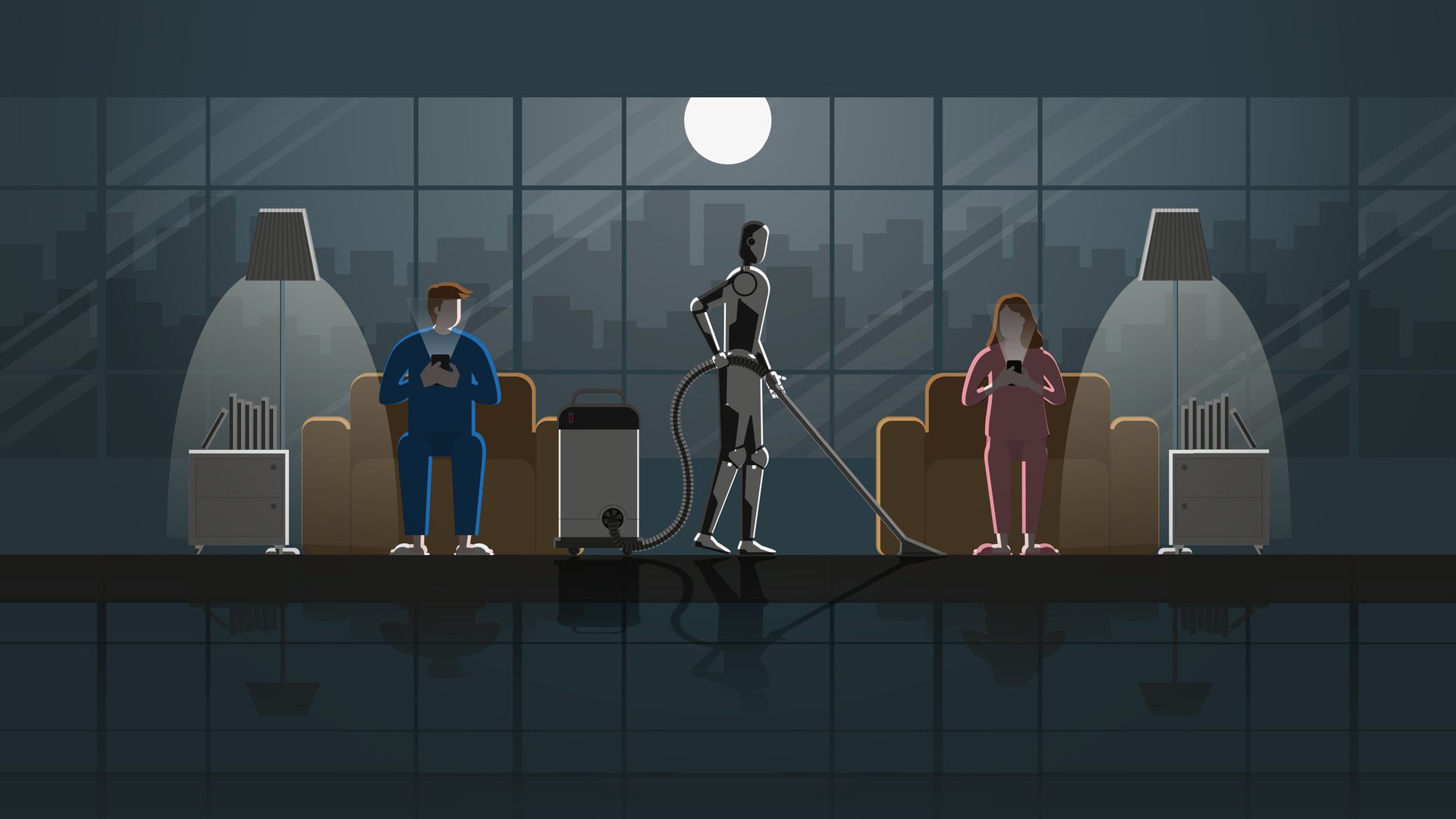 Robot work as maid in the house for 24 hours in the dark and full moonlight with people. Free Vector