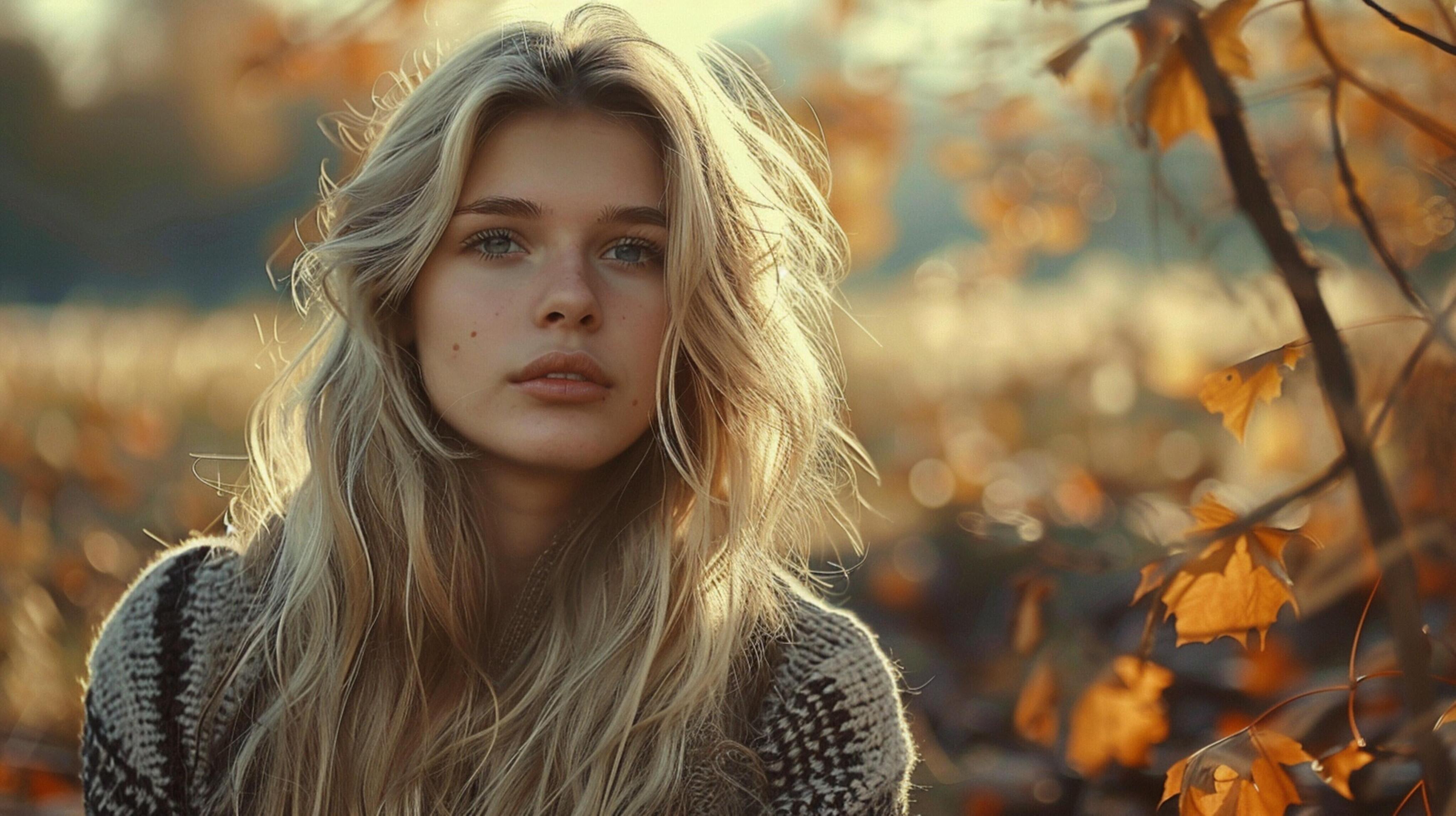 young woman with long blond hair enjoying autumn Stock Free