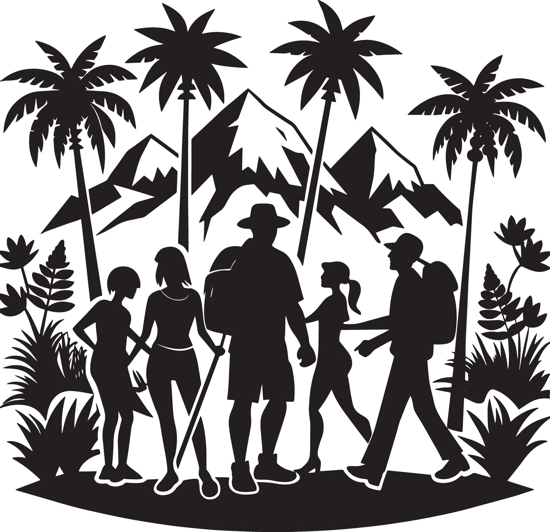 silhouettes of tourist people on the beach illustration black and white Free Vector