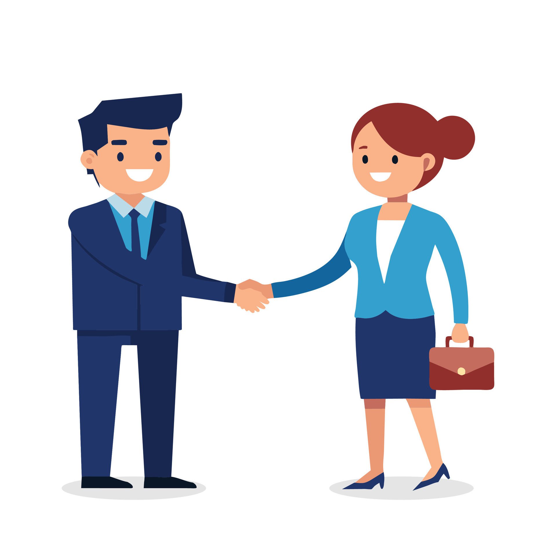 Two happy business people shaking hands Male and female hands shaking flat illustration on white background Free Vector