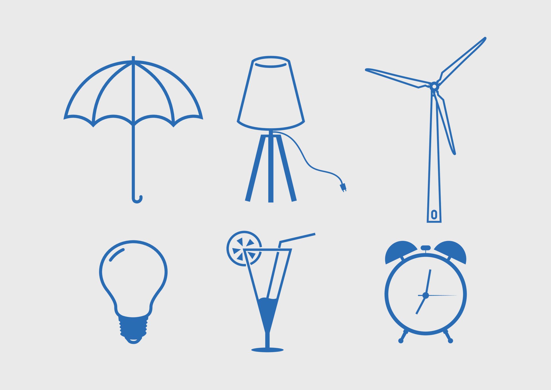 Set of different flat icons, wind energy, lamp, light bulb, umbrella, cocktail and clock Free Vector