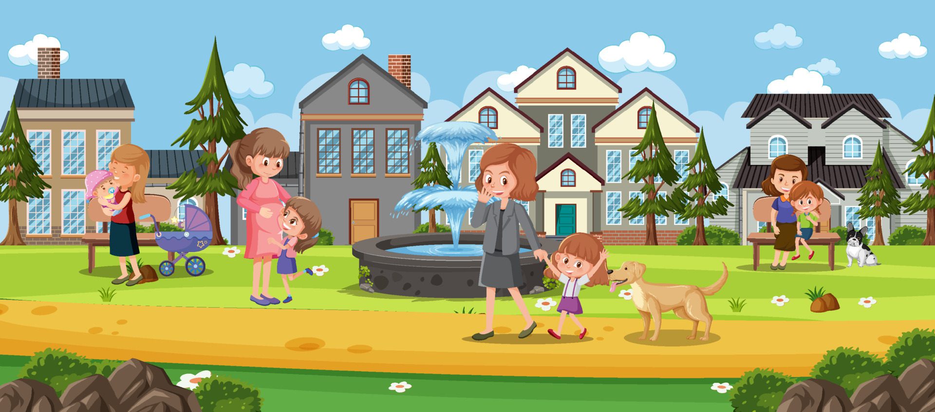 Outdoor park scene with people cartoon character Free Vector