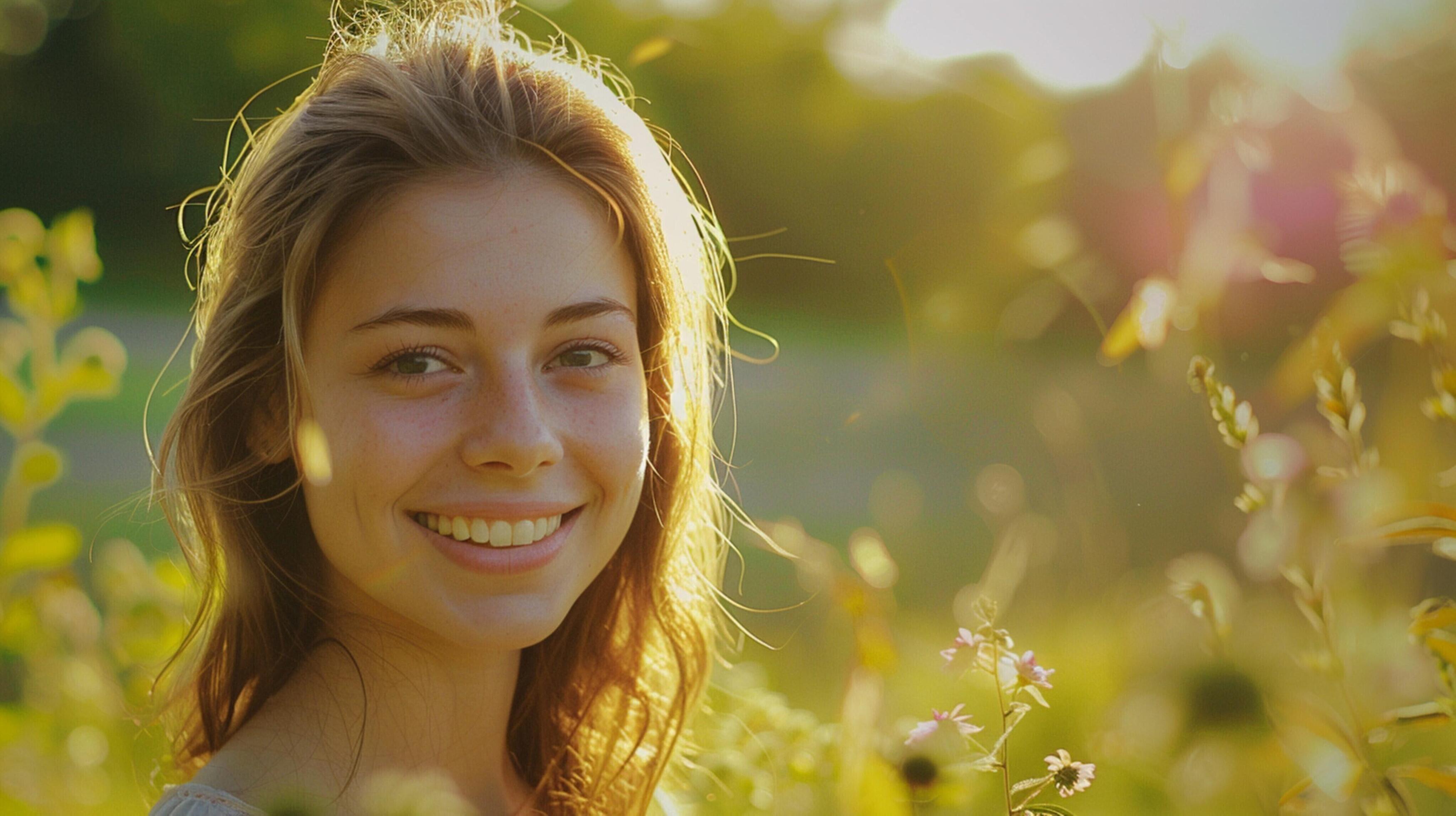 young woman outdoors looking at camera smiling Stock Free