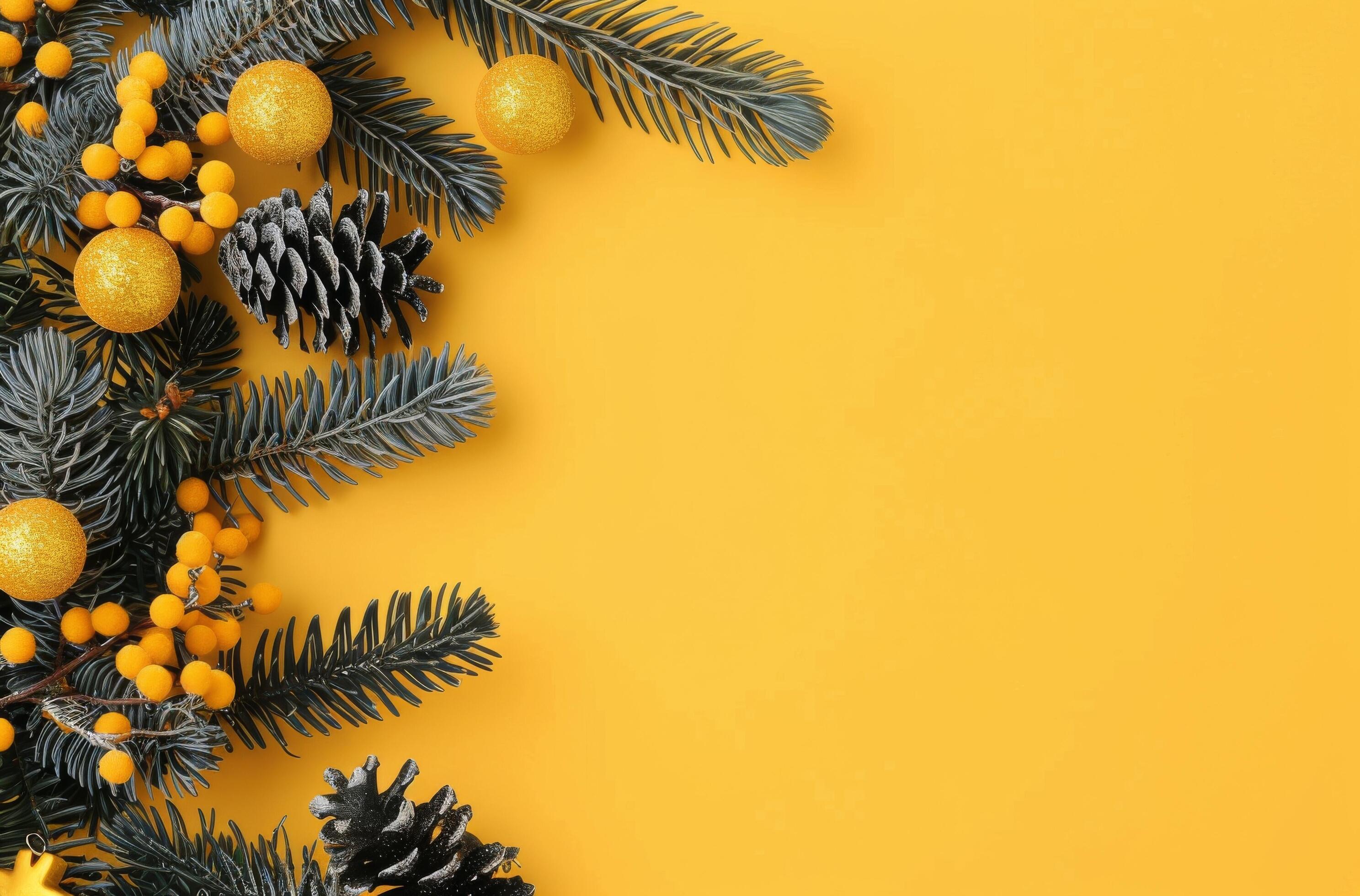 Pine Branches and Ornaments on Yellow Background Stock Free