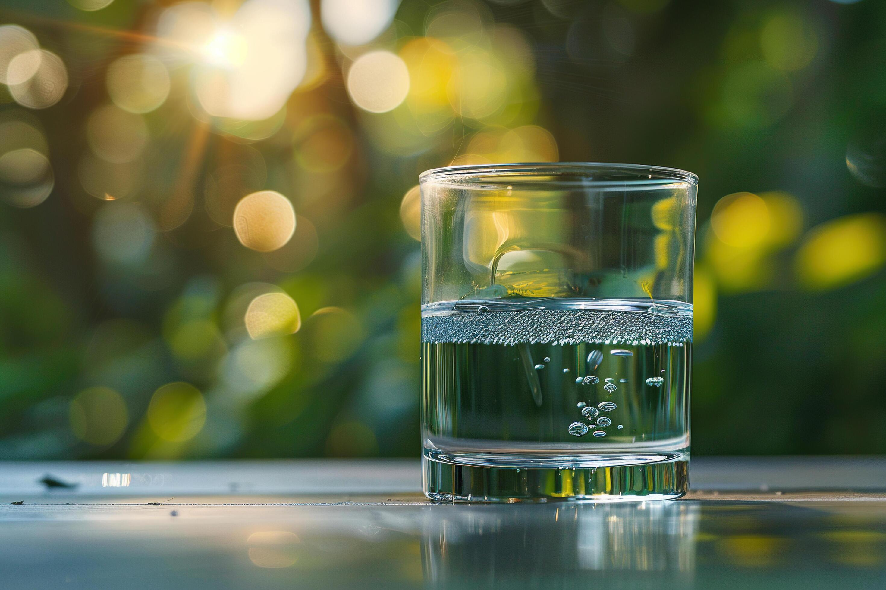 A glass of clean water stands on a wooden tabletop against a blurred natural background. Health and environment concept. Stock Free