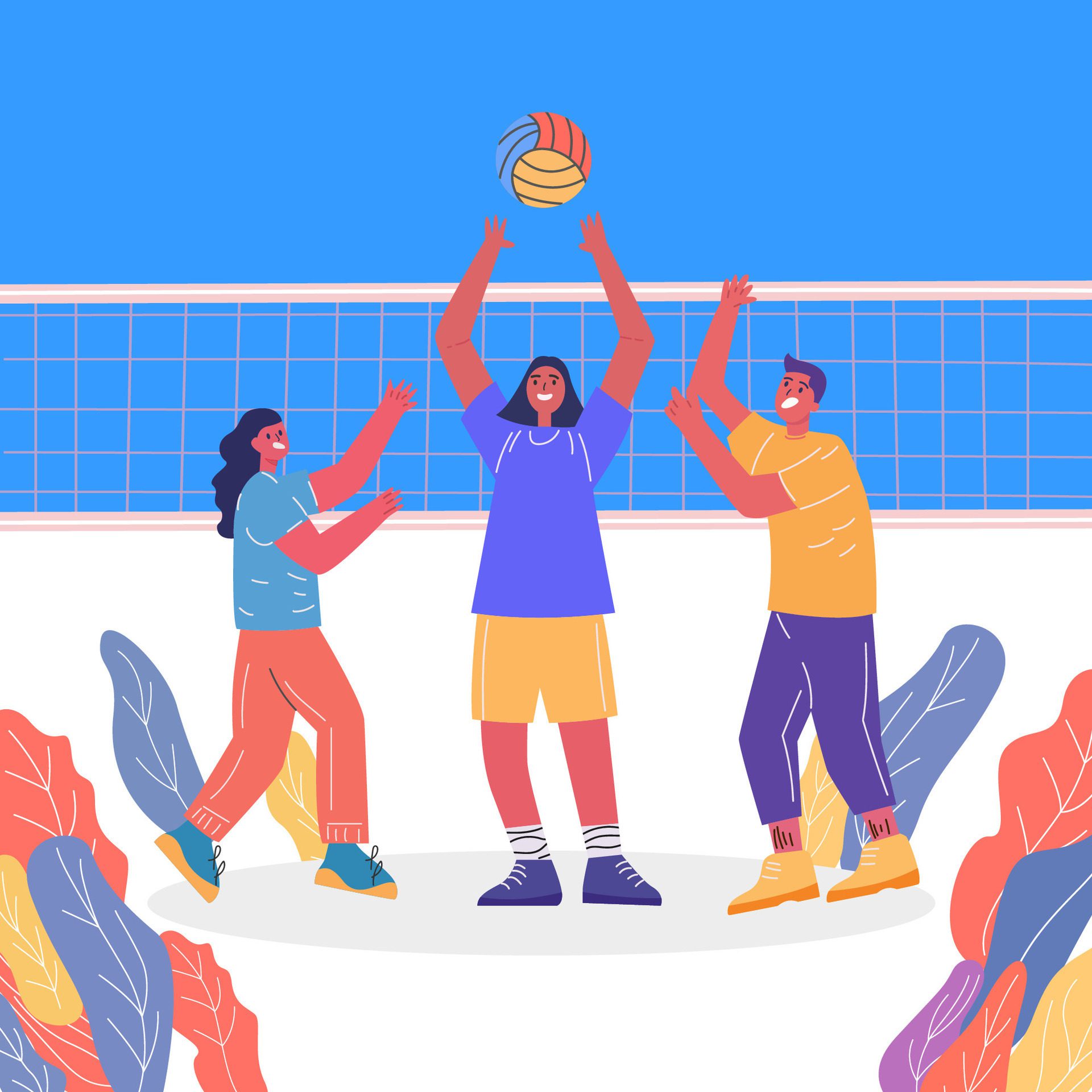 Happy people playing with ball outdoors.spending leisure time together in nature. Colored flat illustration of active people Free Vector